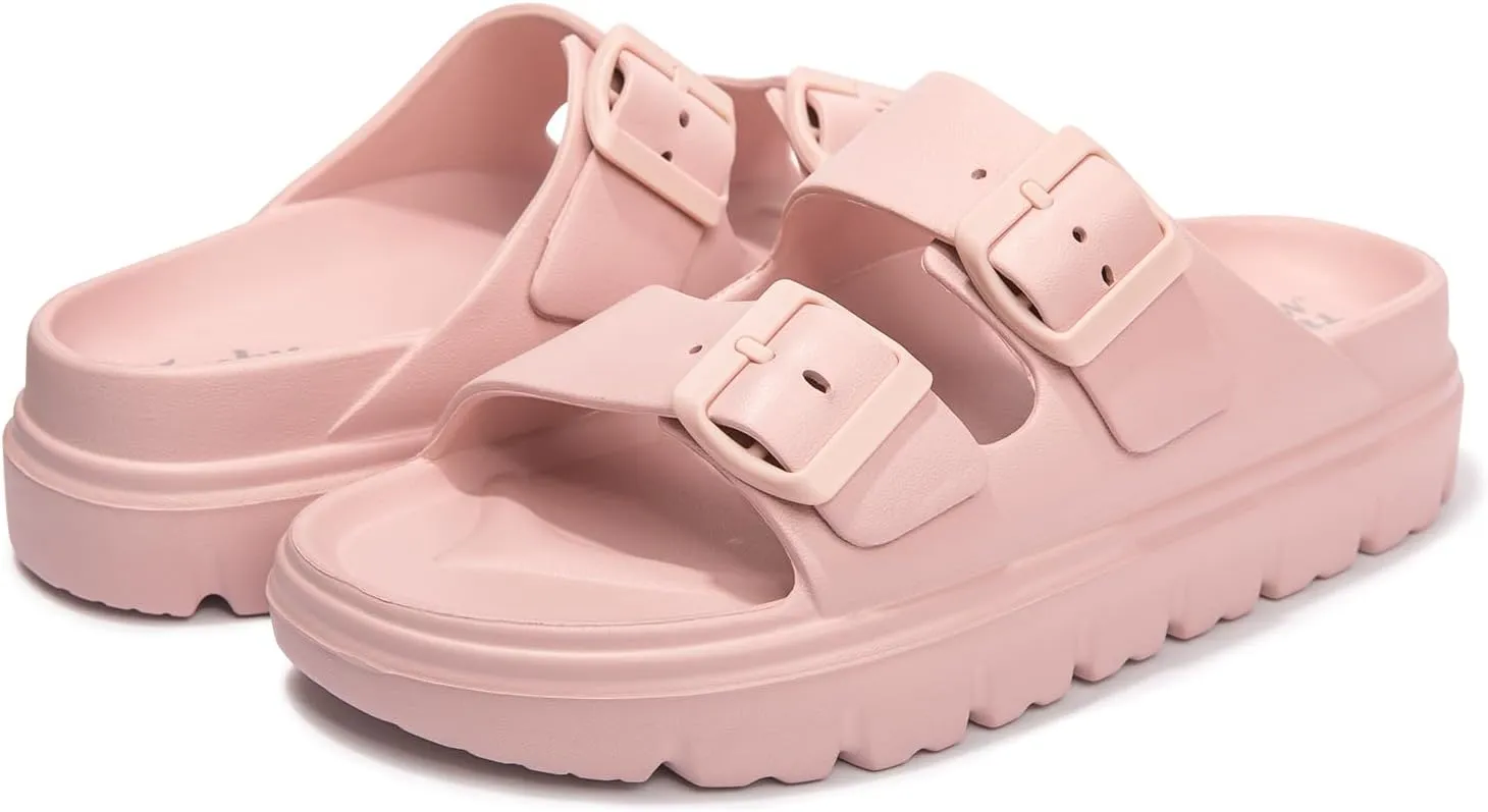 FUNKYMONKEY Women's Comfort Slides Double Buckle Adjustable Plastics Flat Sandals