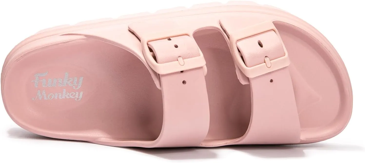 FUNKYMONKEY Women's Comfort Slides Double Buckle Adjustable Plastics Flat Sandals