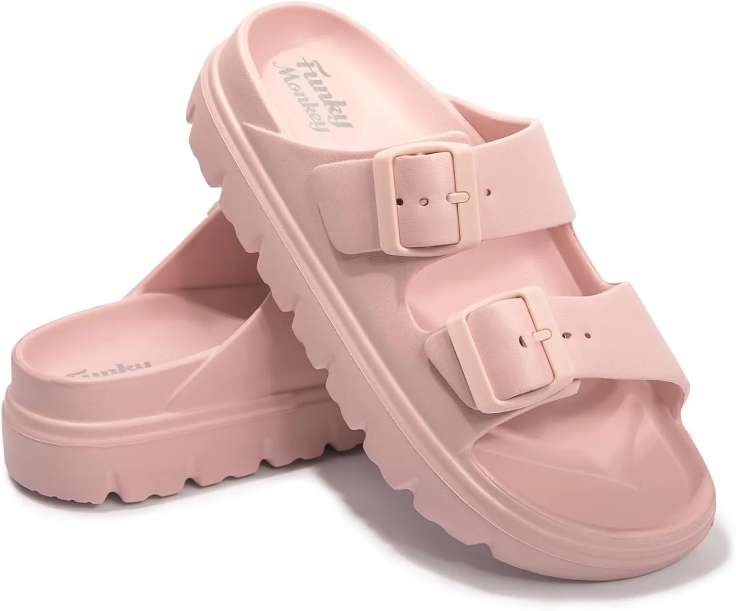 FUNKYMONKEY Women's Comfort Slides Double Buckle Adjustable Plastics Flat Sandals