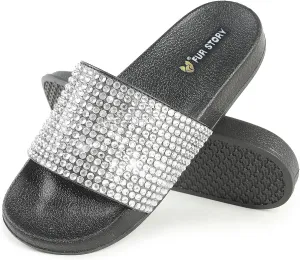 Fur Story Womens Slides House Slippers Rhinestone Glitter Slides Cute bling Flat for Women Platform Sandals Cozy Bedroom Slippers Shower Shoes