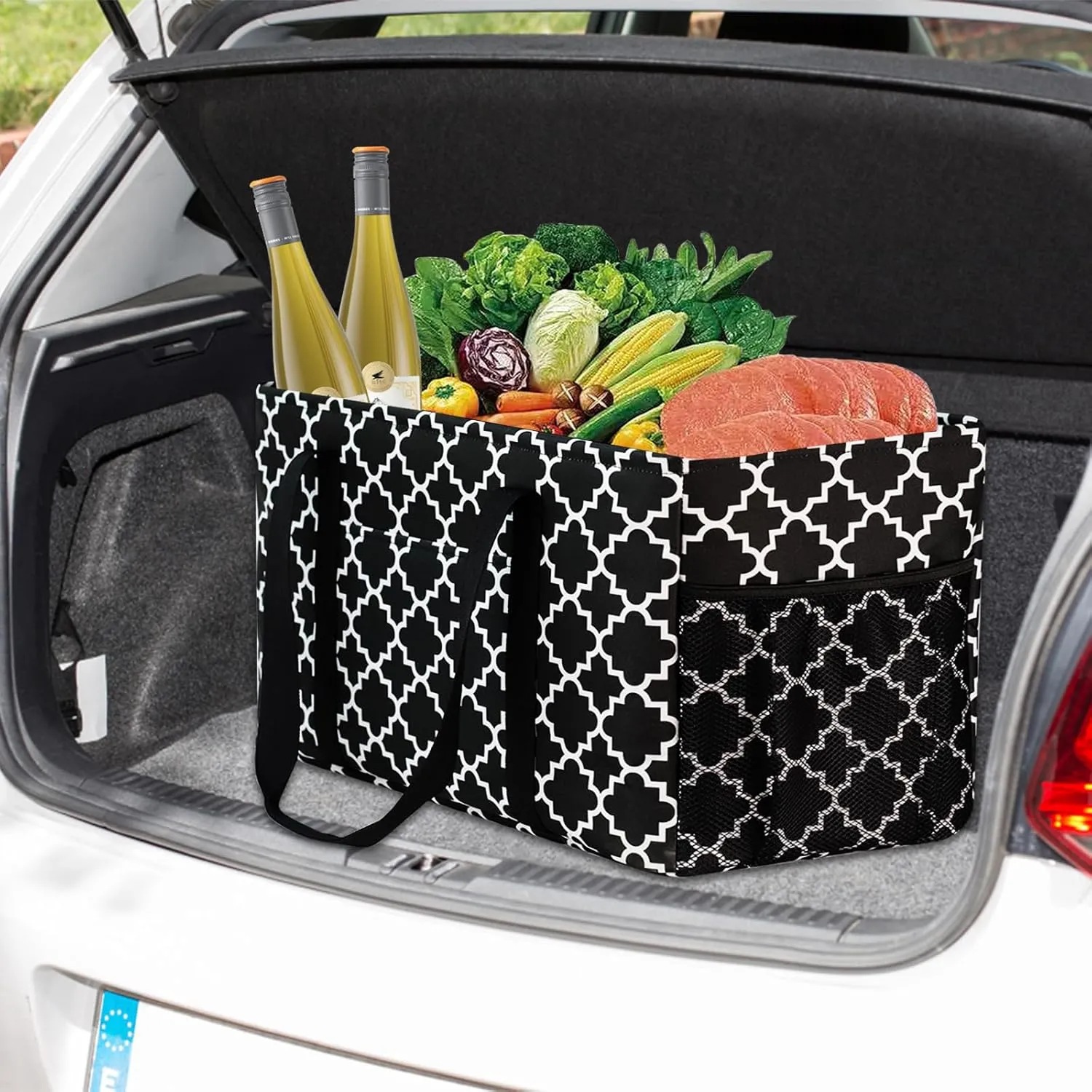 GhvyenntteS Extra Large Utility Tote Bag - Stand Up Utility Tote with Metal Wire Frame & Hard Bottom Board, Reusable Grocery Bags With Handles for Storage, Picnics, Beach, Pool, Laundry, Car, Camping