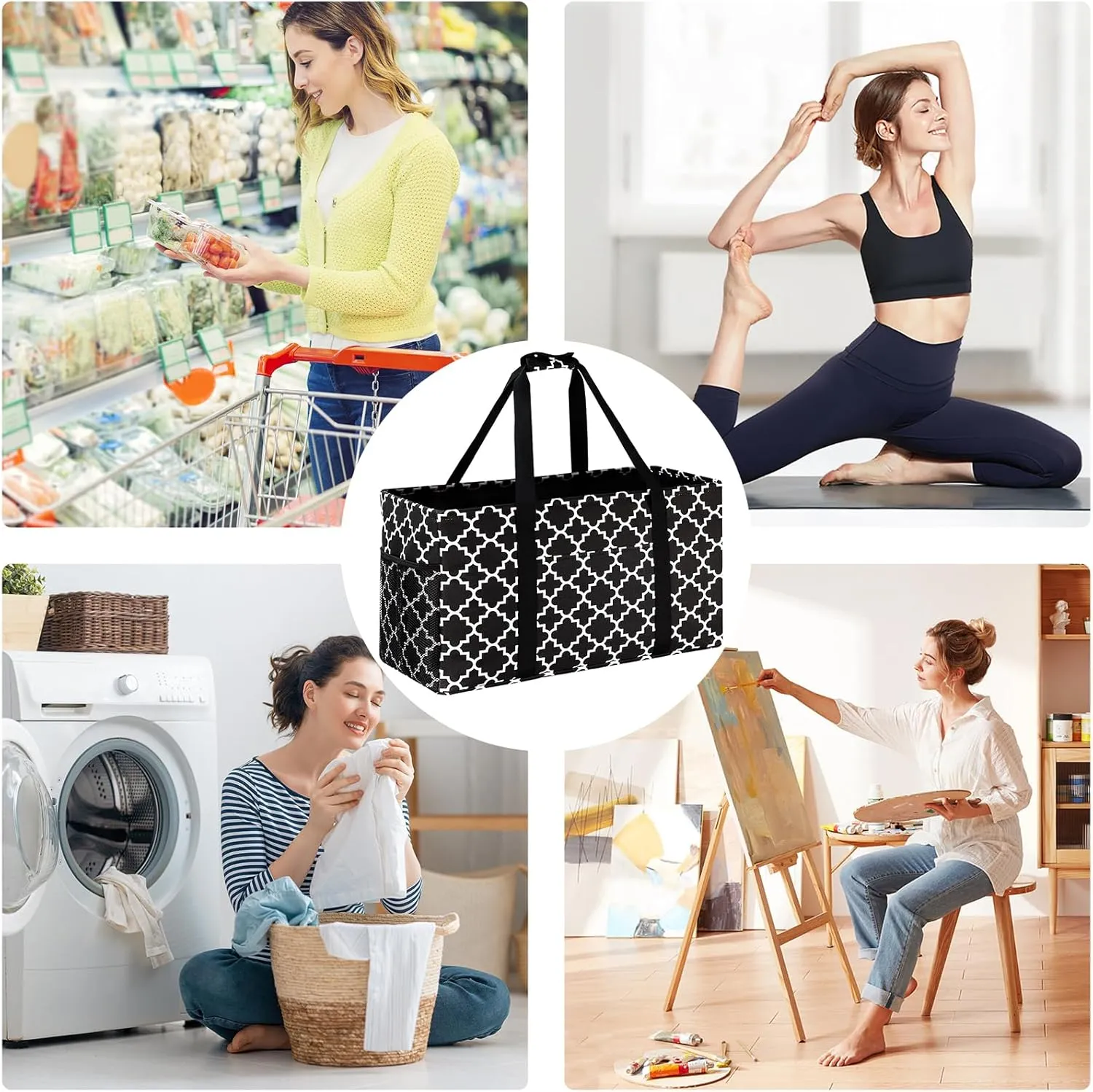 GhvyenntteS Extra Large Utility Tote Bag - Stand Up Utility Tote with Metal Wire Frame & Hard Bottom Board, Reusable Grocery Bags With Handles for Storage, Picnics, Beach, Pool, Laundry, Car, Camping
