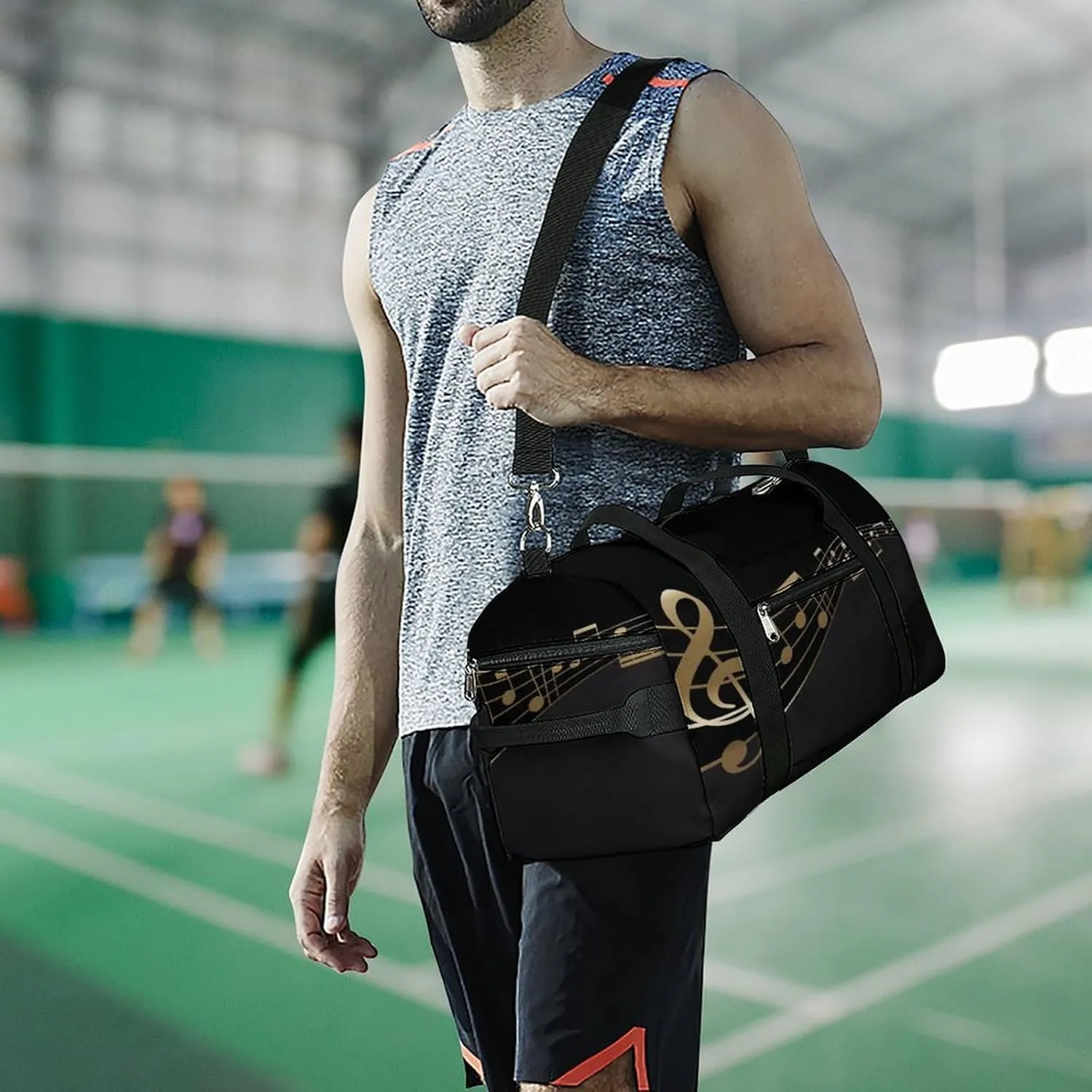 Golden Music Notes Print Duffel Bag for Boys Girls with Waterproof Shoe Compartment