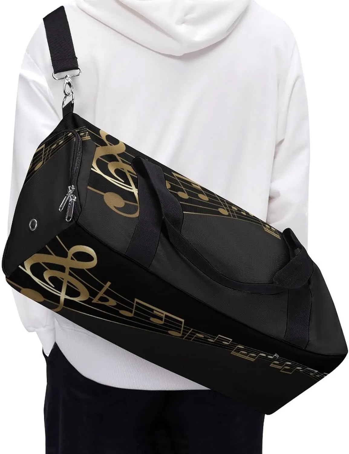 Golden Music Notes Print Duffel Bag for Boys Girls with Waterproof Shoe Compartment