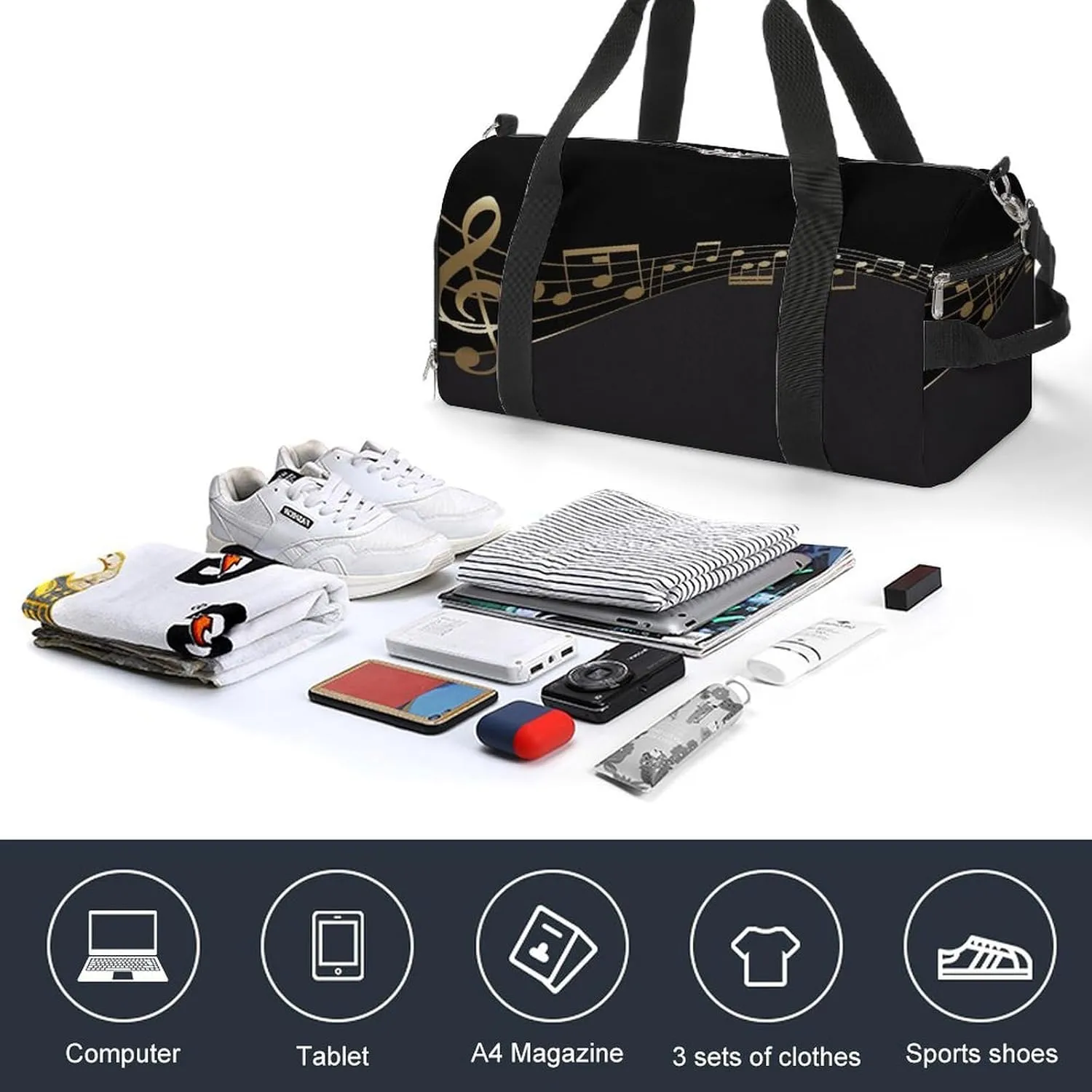 Golden Music Notes Print Duffel Bag for Boys Girls with Waterproof Shoe Compartment