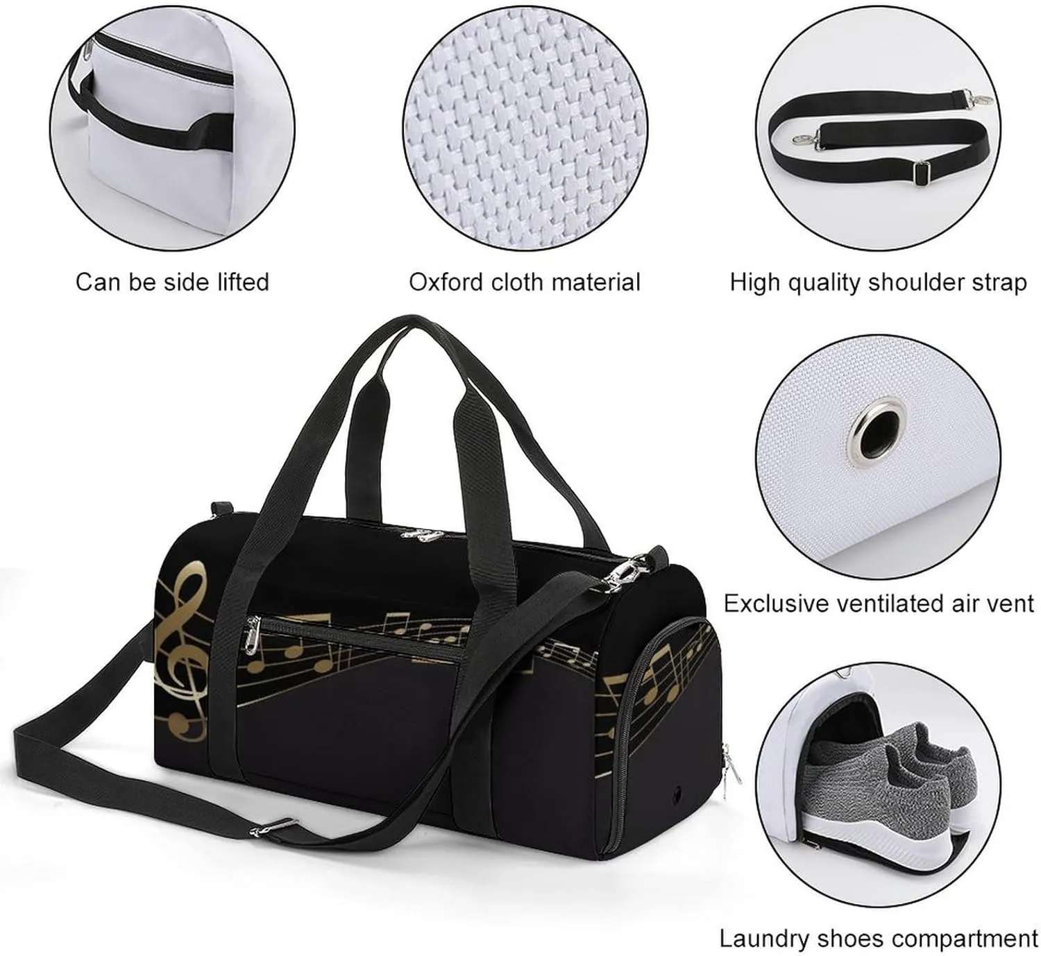 Golden Music Notes Print Duffel Bag for Boys Girls with Waterproof Shoe Compartment