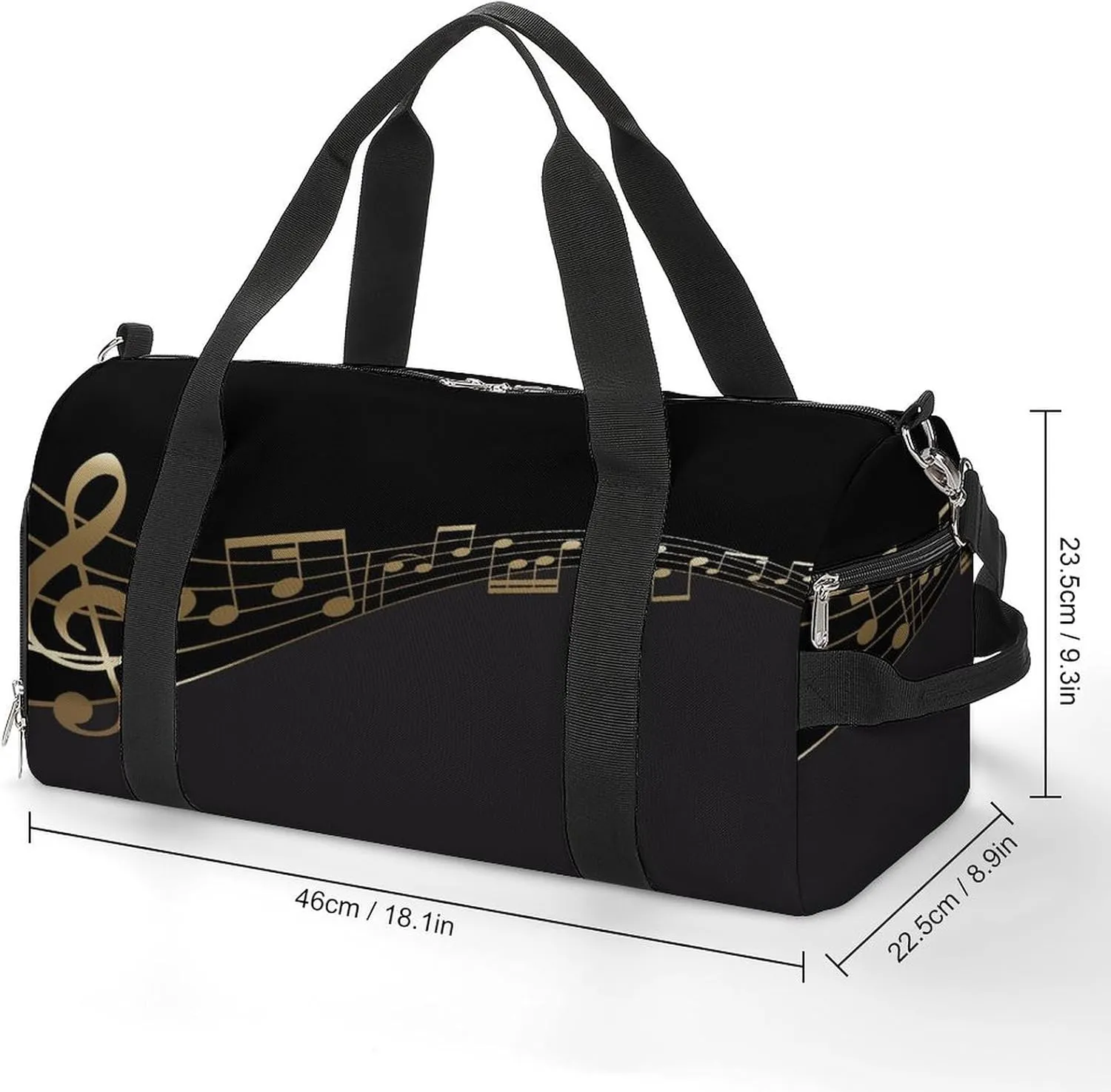 Golden Music Notes Print Duffel Bag for Boys Girls with Waterproof Shoe Compartment
