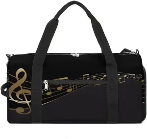 Golden Music Notes Print Duffel Bag for Boys Girls with Waterproof Shoe Compartment