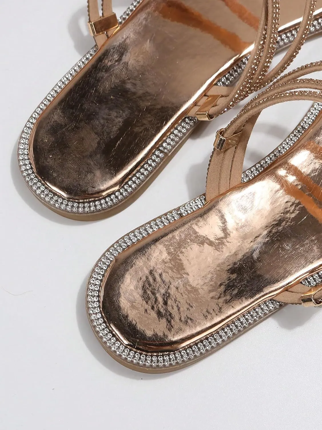 GORGLITTER Women's Rhinestone Sparkly Metallic Strappy Flat Sandals Cute Toe Slip on Slide Sandals