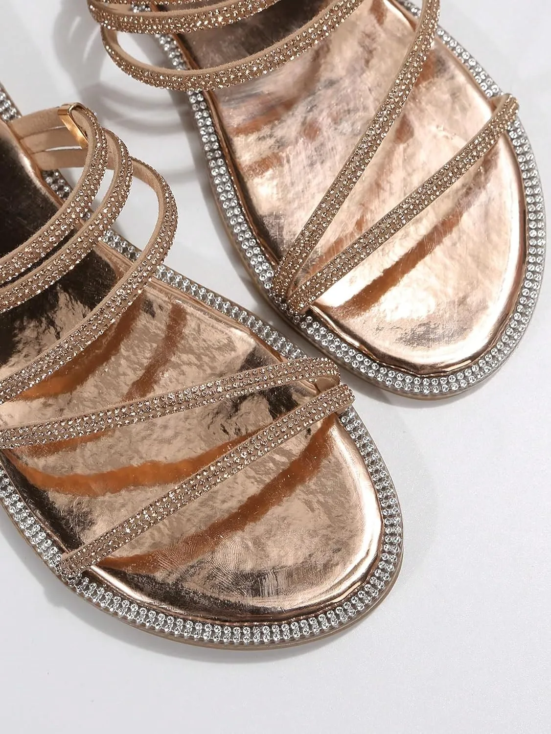 GORGLITTER Women's Rhinestone Sparkly Metallic Strappy Flat Sandals Cute Toe Slip on Slide Sandals