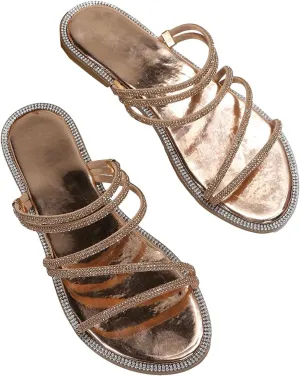 GORGLITTER Women's Rhinestone Sparkly Metallic Strappy Flat Sandals Cute Toe Slip on Slide Sandals