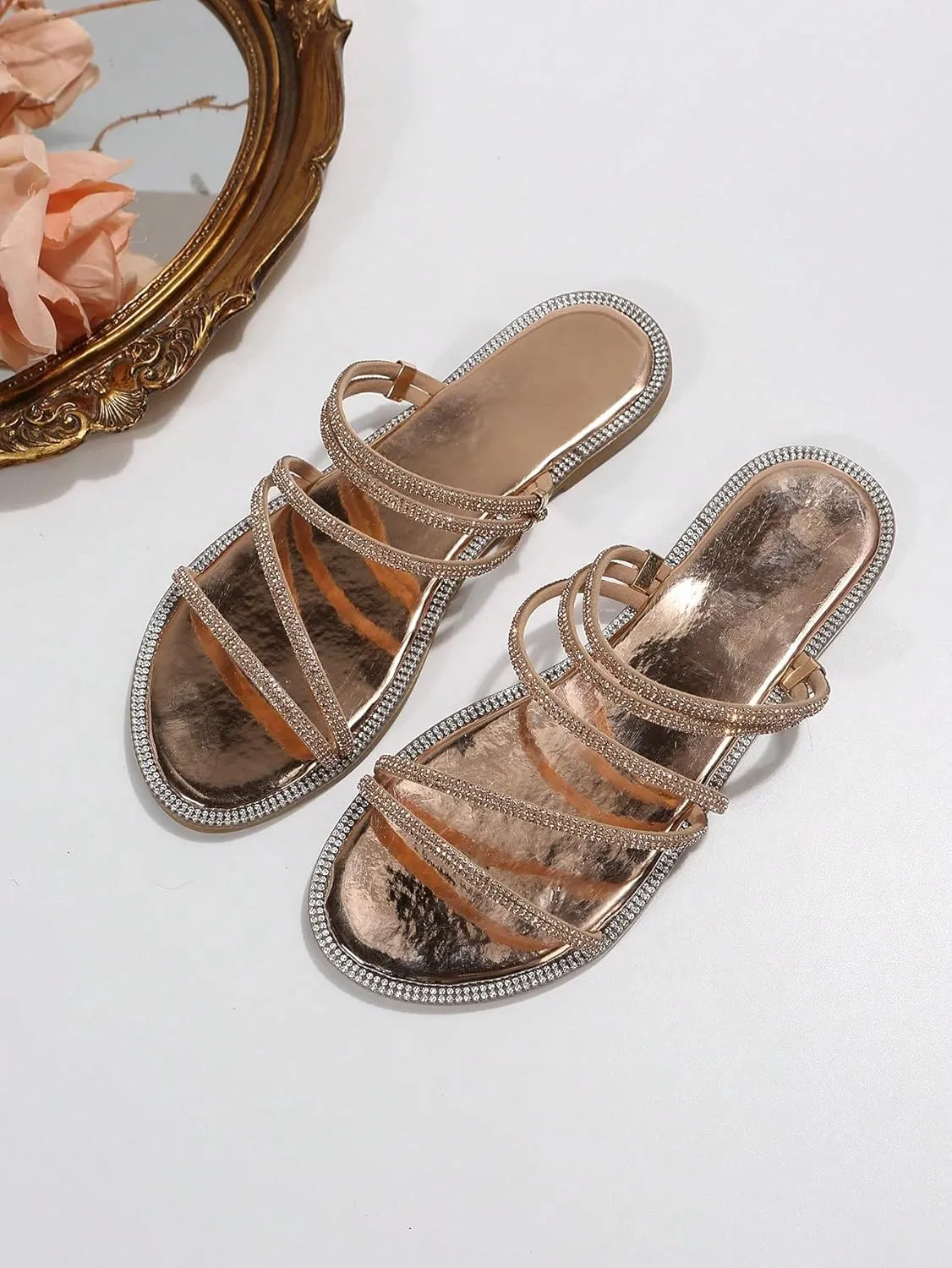 GORGLITTER Women's Rhinestone Sparkly Metallic Strappy Flat Sandals Cute Toe Slip on Slide Sandals