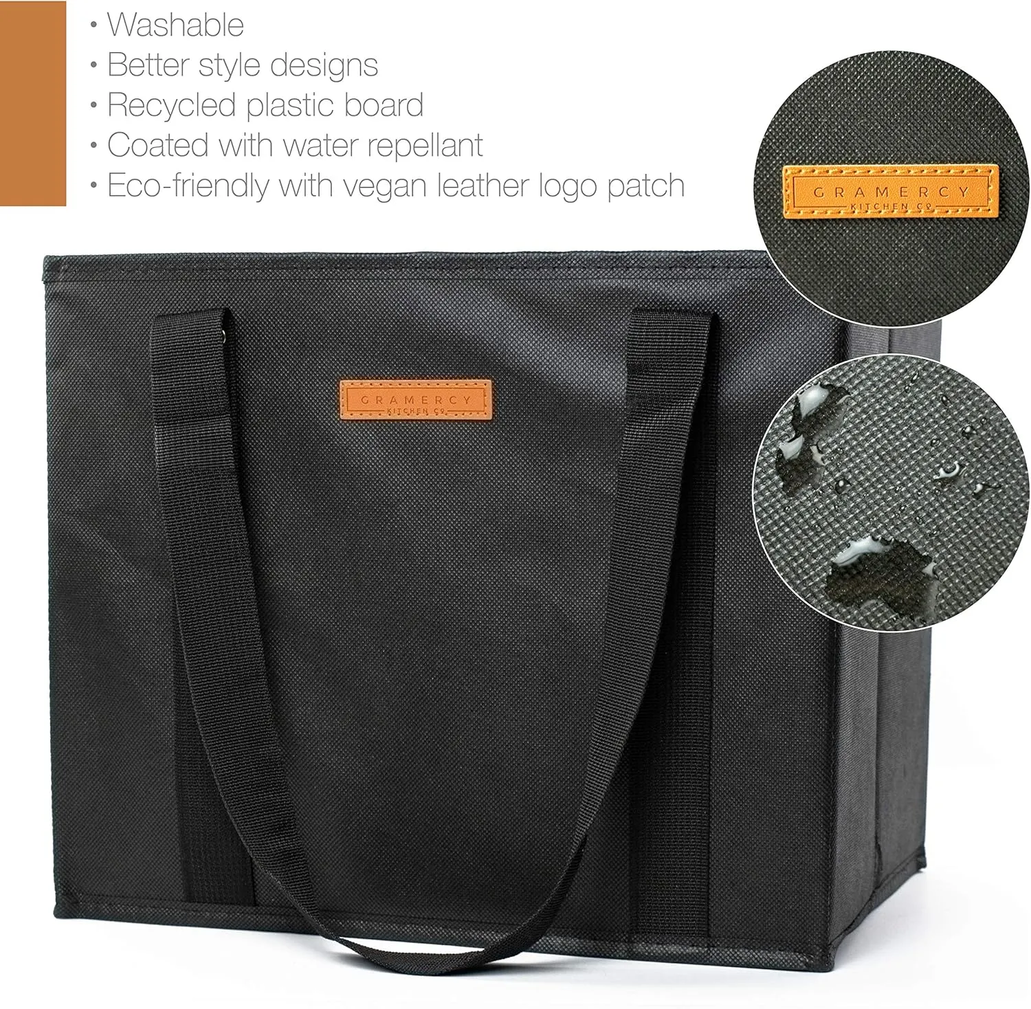 Gramercy Large Reusable Grocery Bags Heavy Duty 3 pack, Kitchen Reusable Shopping Bags With Handles, Foldable Grocery Tote bag - Washable and Reinforced With Thick Bottom and Sides (Black 3pcs)