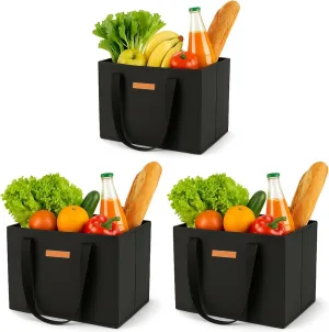 Gramercy Large Reusable Grocery Bags Heavy Duty 3 pack, Kitchen Reusable Shopping Bags With Handles, Foldable Grocery Tote bag - Washable and Reinforced With Thick Bottom and Sides (Black 3pcs)