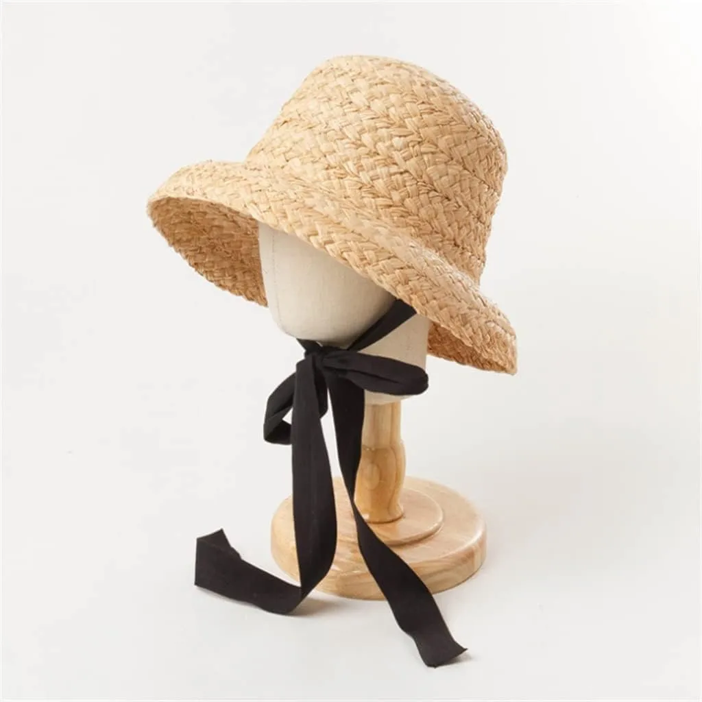 Hand-Woven Raffia Vintage Flat Top Under The Folded Brim Hat Sun Protection Vacation