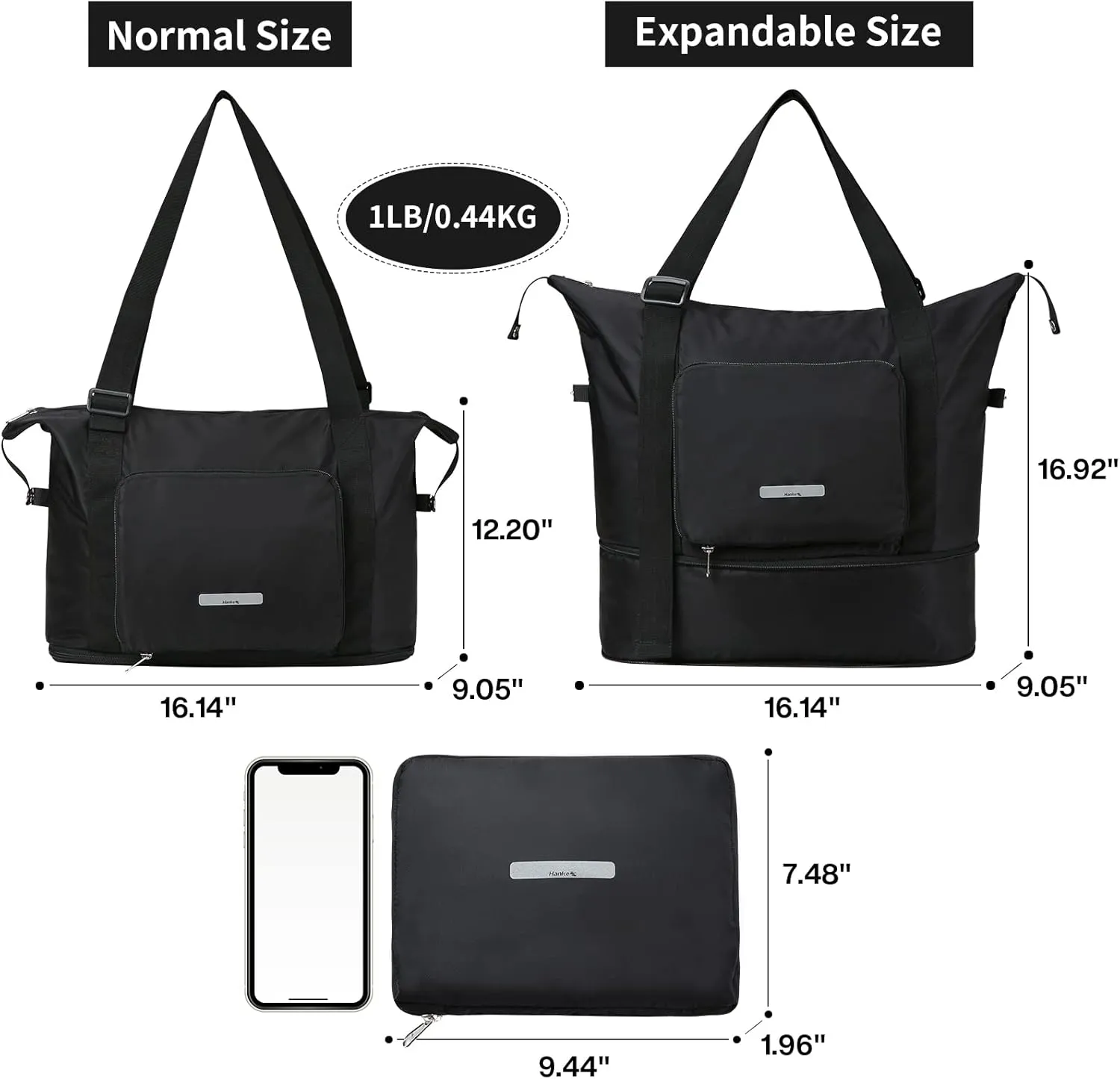 Hanke Expandable Foldable Travel Duffel Bag Collapsible Carry On Bag with Luggage Strap for Airplanes, Hydro-Resistant Weekender Overnight Bag Fits for Men Women