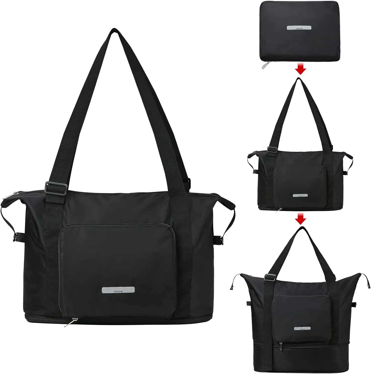 Hanke Expandable Foldable Travel Duffel Bag Collapsible Carry On Bag with Luggage Strap for Airplanes, Hydro-Resistant Weekender Overnight Bag Fits for Men Women