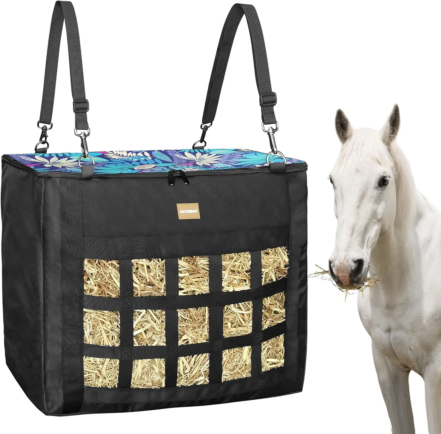 Hay Bags for Horses,Slow Hay Feeder Bags for Goats,Sheep,Super Tough Oxford with Front Hay Nets Design, Double Reinforced Webbing Upgraded Metal Clips for Durable (Leaf)