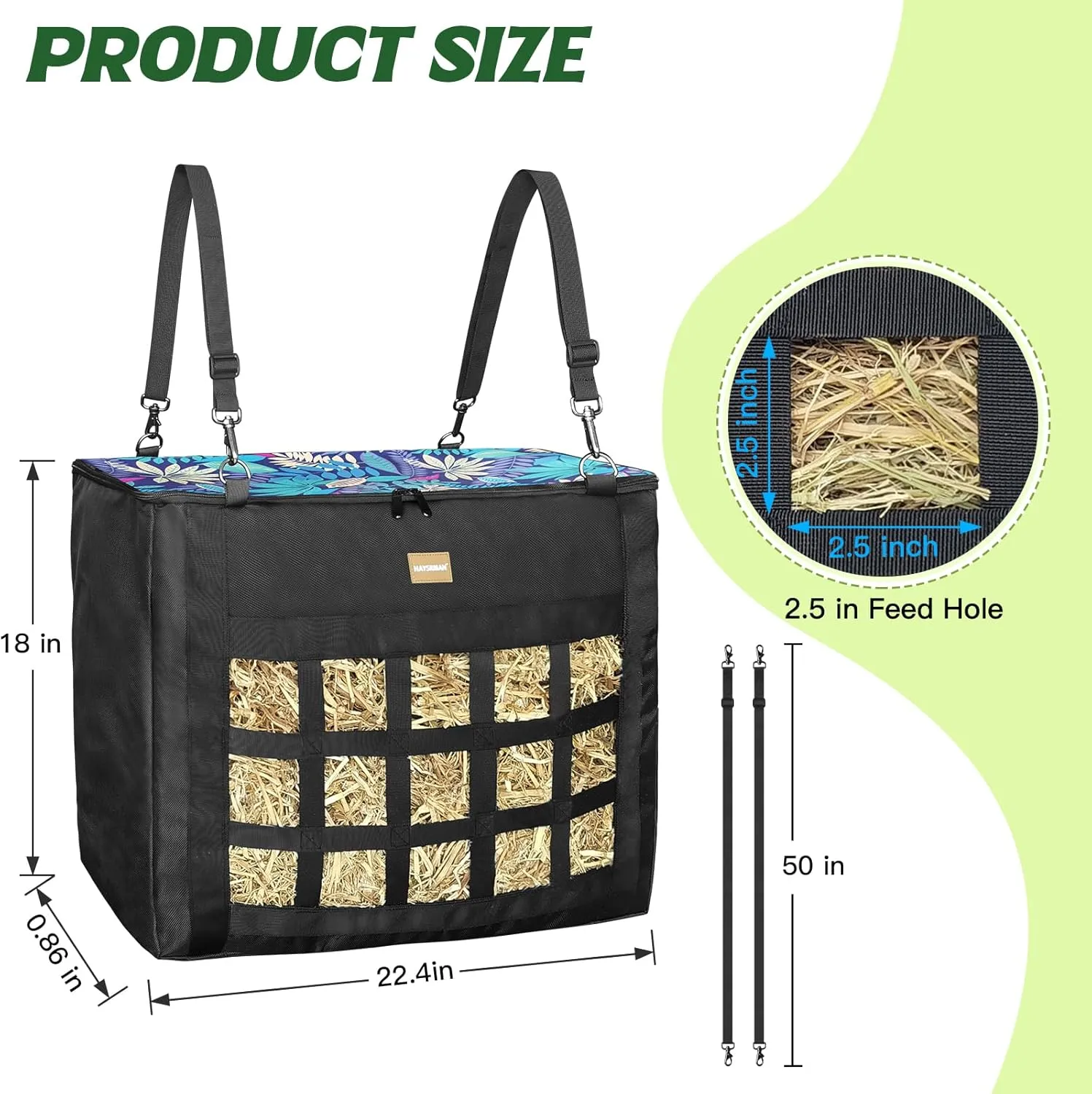Hay Bags for Horses,Slow Hay Feeder Bags for Goats,Sheep,Super Tough Oxford with Front Hay Nets Design, Double Reinforced Webbing Upgraded Metal Clips for Durable (Leaf)