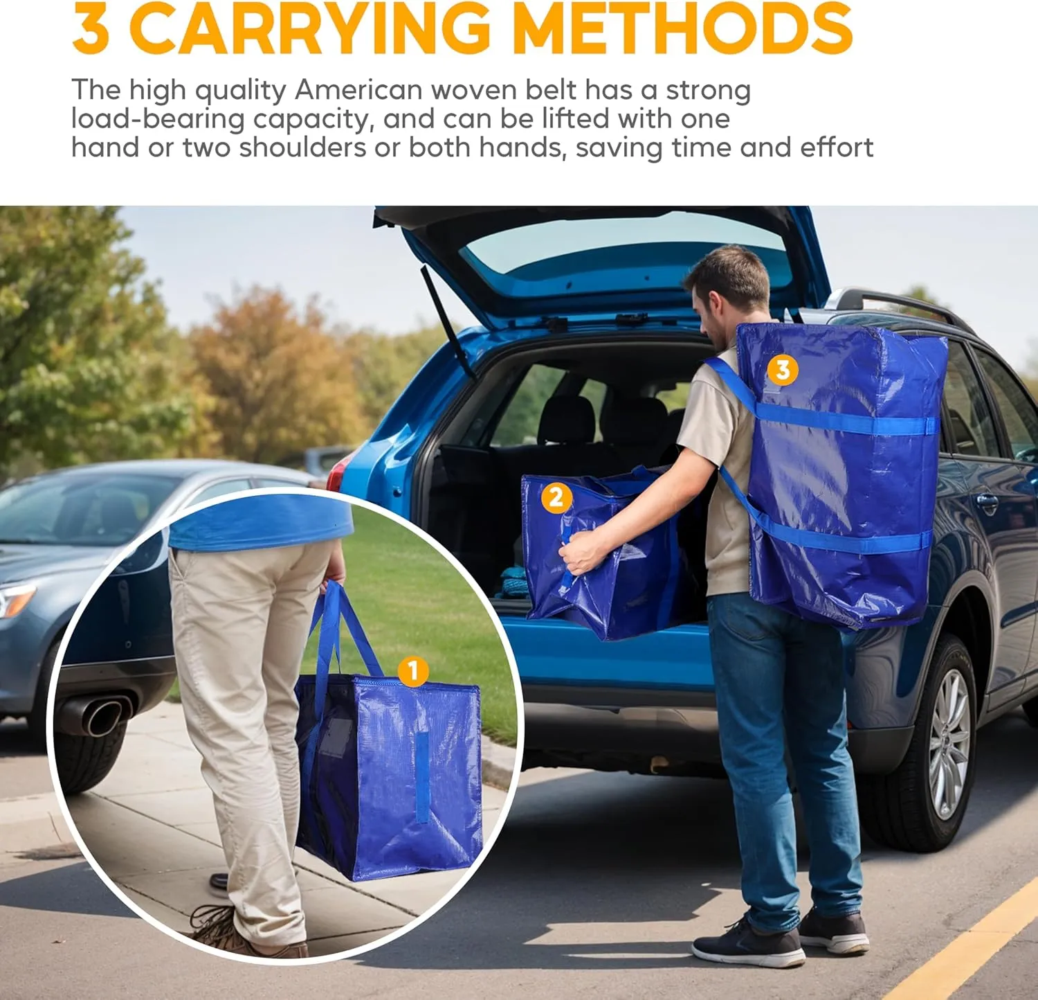 HealSmart 4 Pack Large Moving Bags with Zippers & Handles, Moving Supplies with Lids, Heavy Duty Totes for Space Saving, Fold Flat, Moving and Storing, Blue