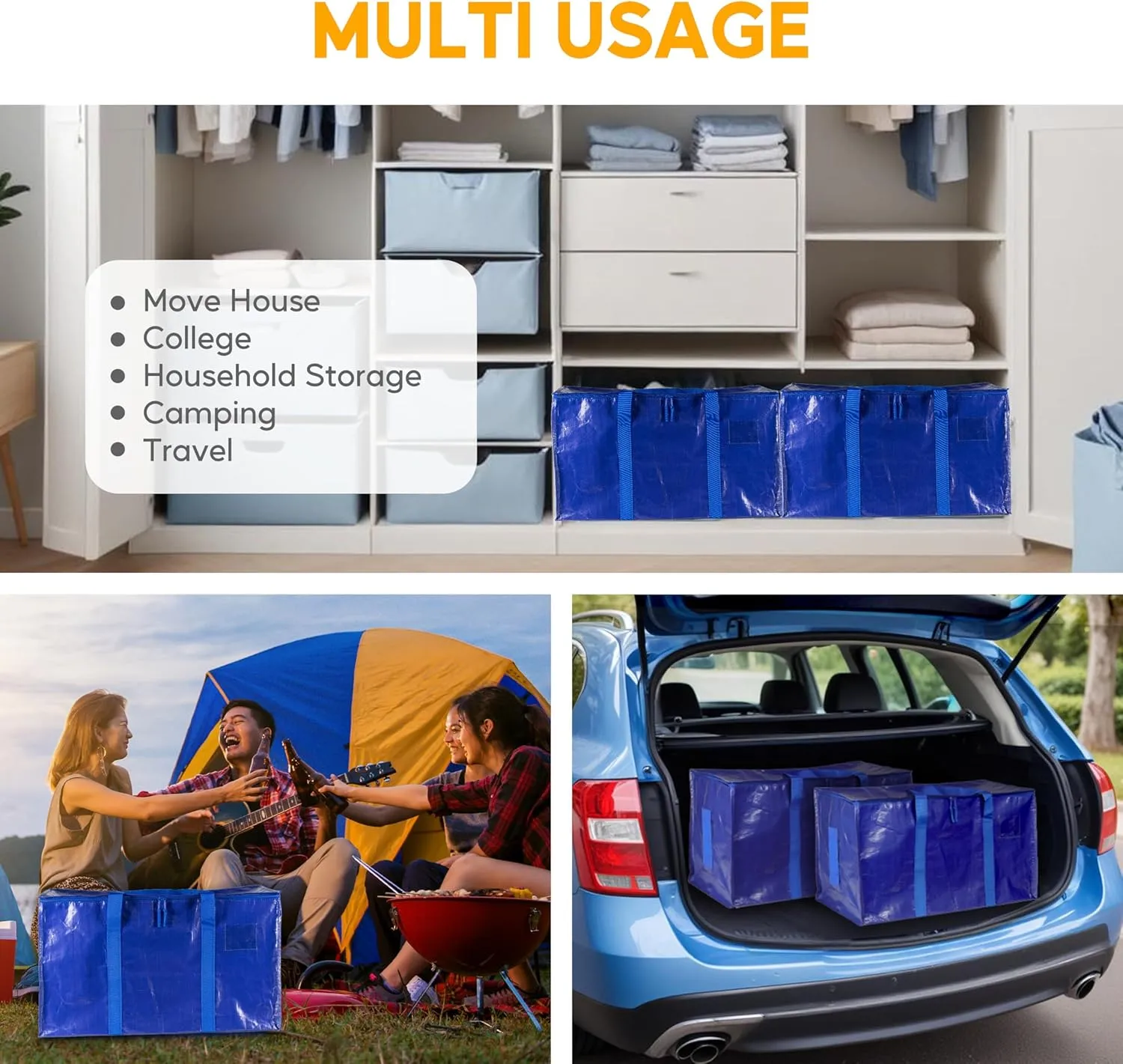 HealSmart 4 Pack Large Moving Bags with Zippers & Handles, Moving Supplies with Lids, Heavy Duty Totes for Space Saving, Fold Flat, Moving and Storing, Blue
