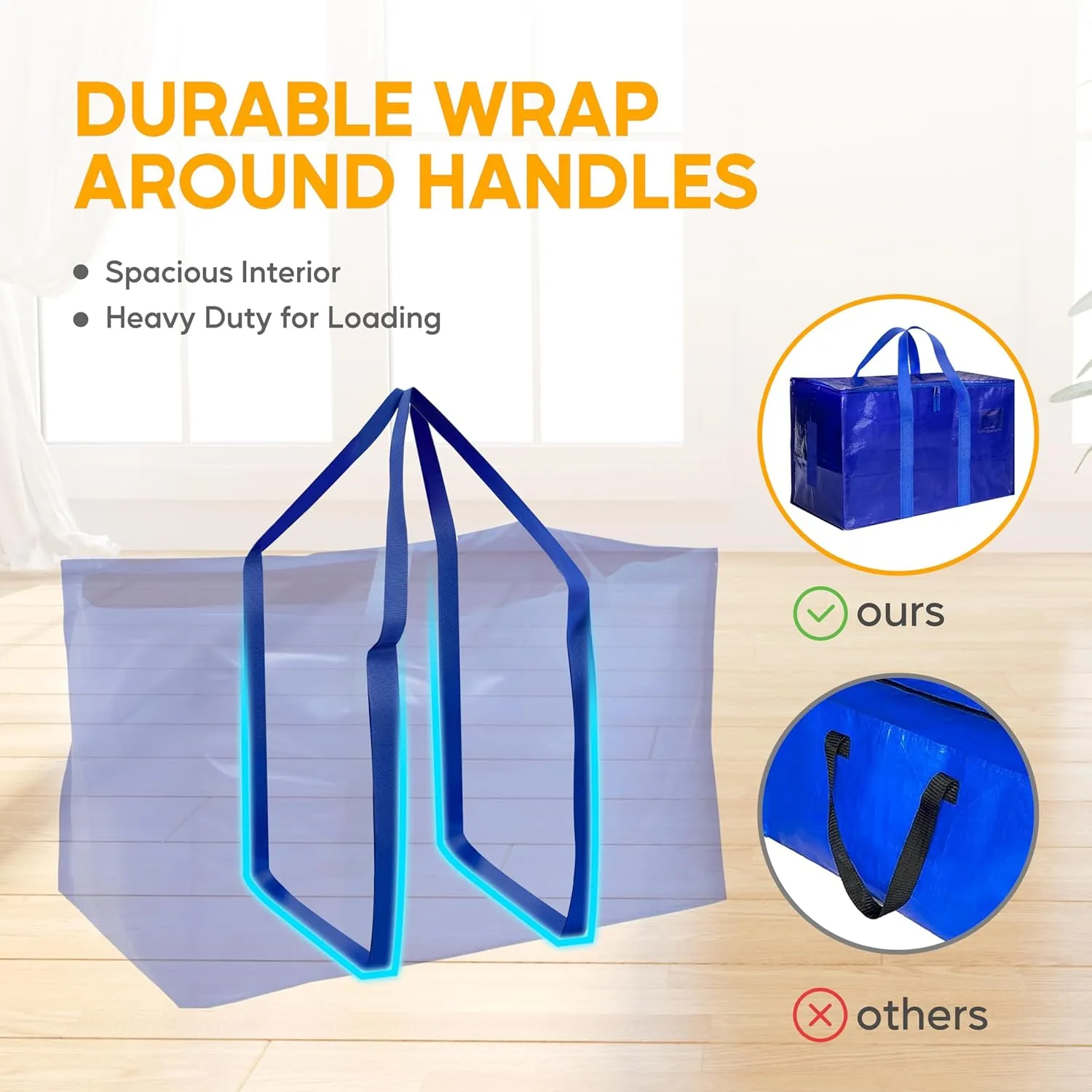 HealSmart 4 Pack Large Moving Bags with Zippers & Handles, Moving Supplies with Lids, Heavy Duty Totes for Space Saving, Fold Flat, Moving and Storing, Blue