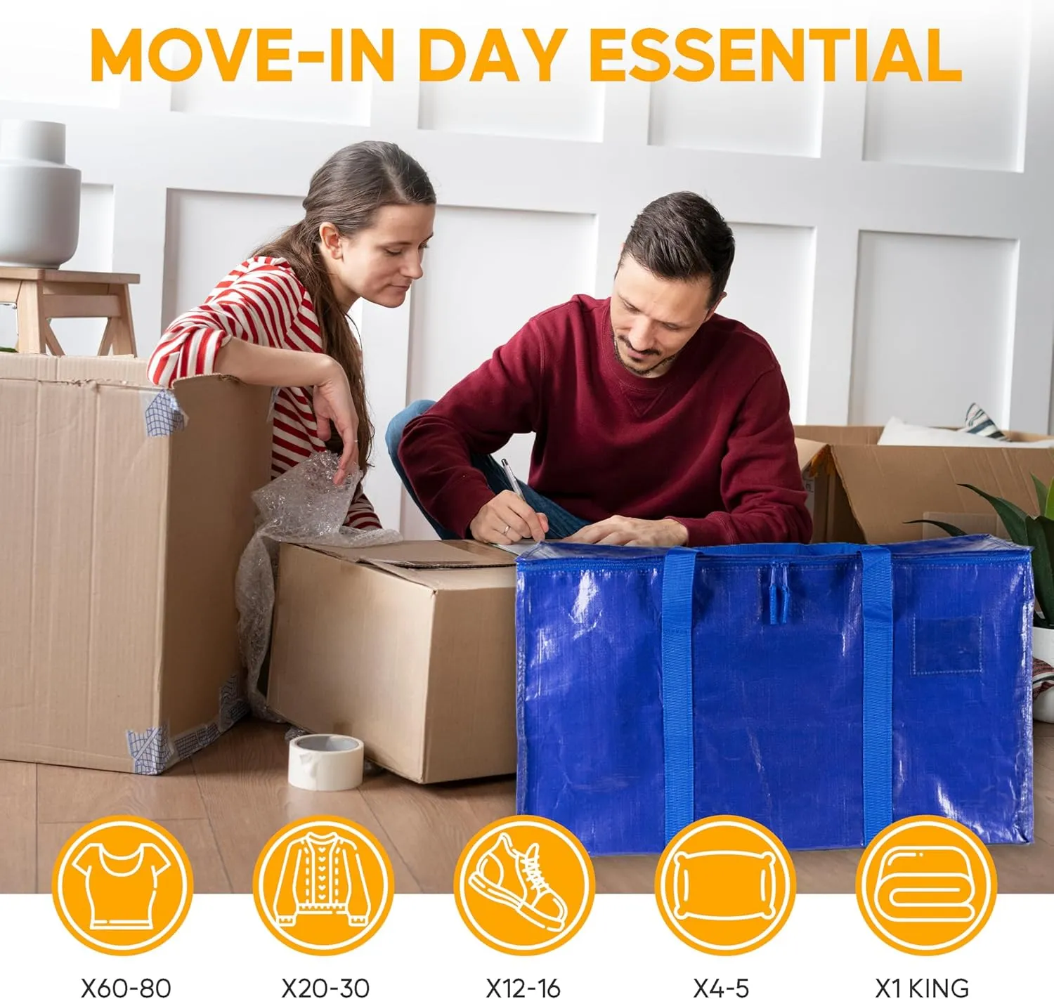 HealSmart 4 Pack Large Moving Bags with Zippers & Handles, Moving Supplies with Lids, Heavy Duty Totes for Space Saving, Fold Flat, Moving and Storing, Blue