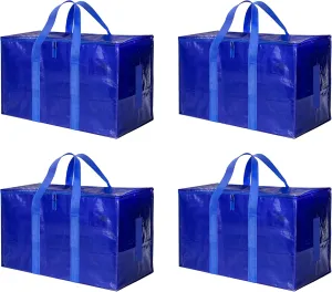 HealSmart 4 Pack Large Moving Bags with Zippers & Handles, Moving Supplies with Lids, Heavy Duty Totes for Space Saving, Fold Flat, Moving and Storing, Blue