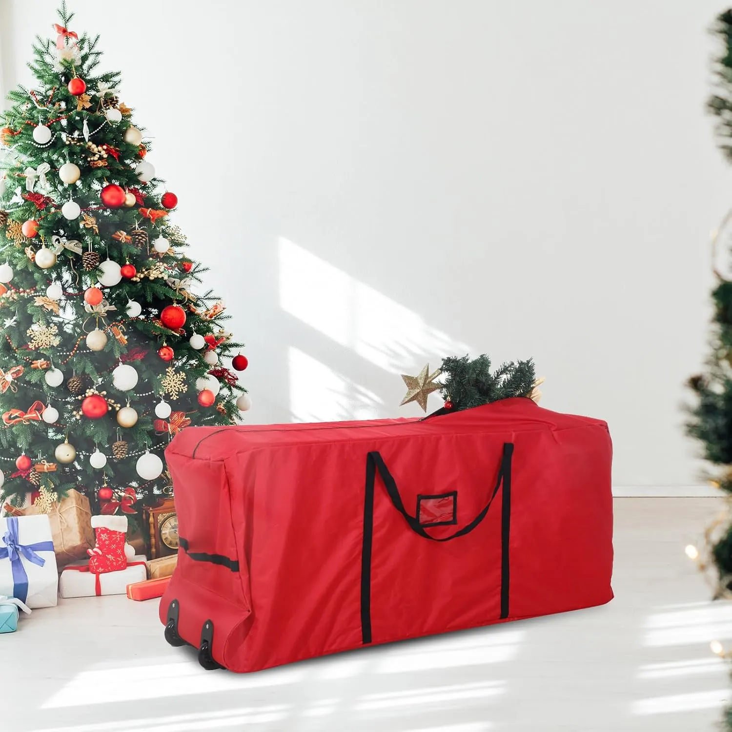 Heavy Duty Christmas Tree Storage Bag - 900d Oxford Fabric with Wheels and Reinforced Handles, Durable Storage Box for Disassembled Holiday Trees(7.5 ft,Red)