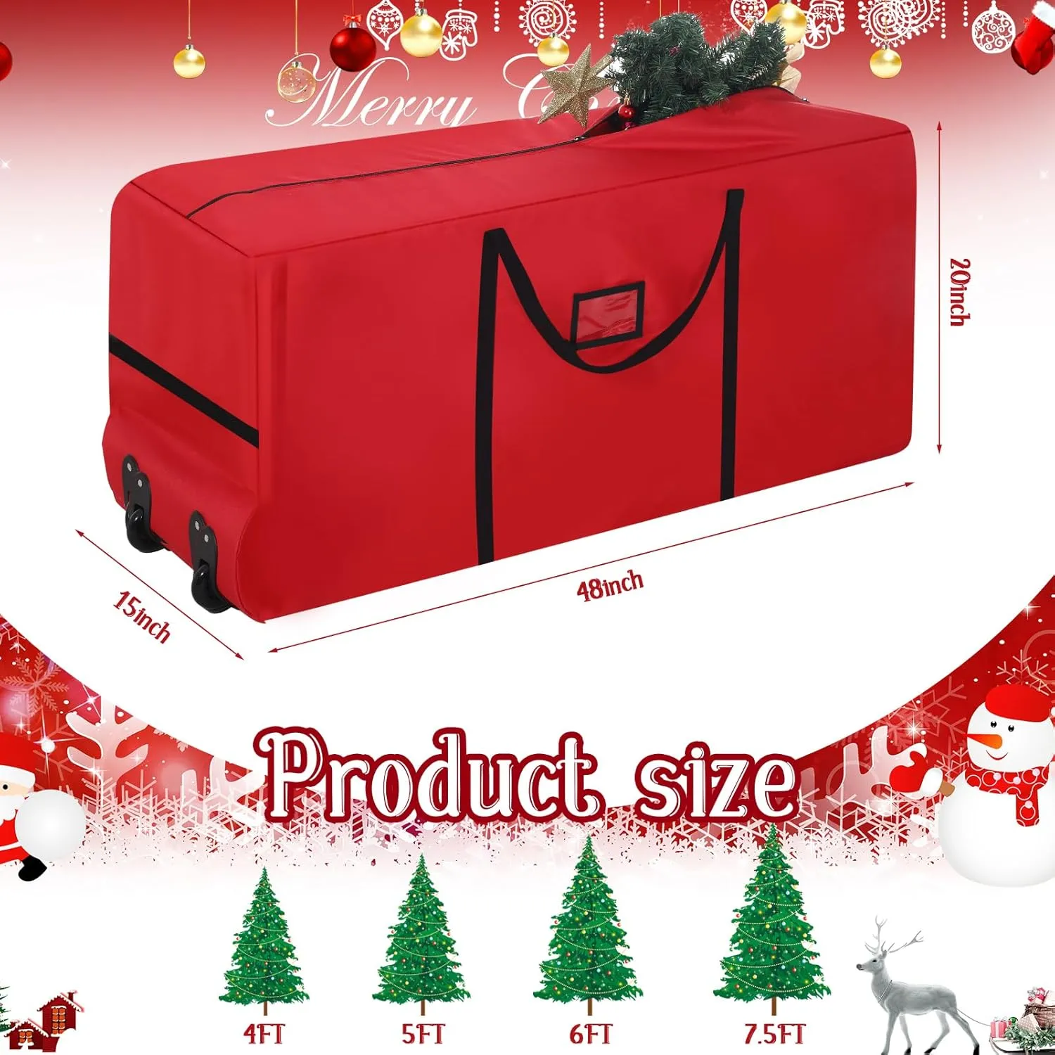 Heavy Duty Christmas Tree Storage Bag - 900d Oxford Fabric with Wheels and Reinforced Handles, Durable Storage Box for Disassembled Holiday Trees(7.5 ft,Red)