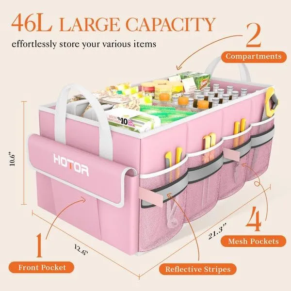 HOTOR Foldable Trunk Organizer - SUV, Sedan & Van, Sturdy Base Panel for Car Accessories, Black, 2 Compartments, 21.3"12.6"10.6"