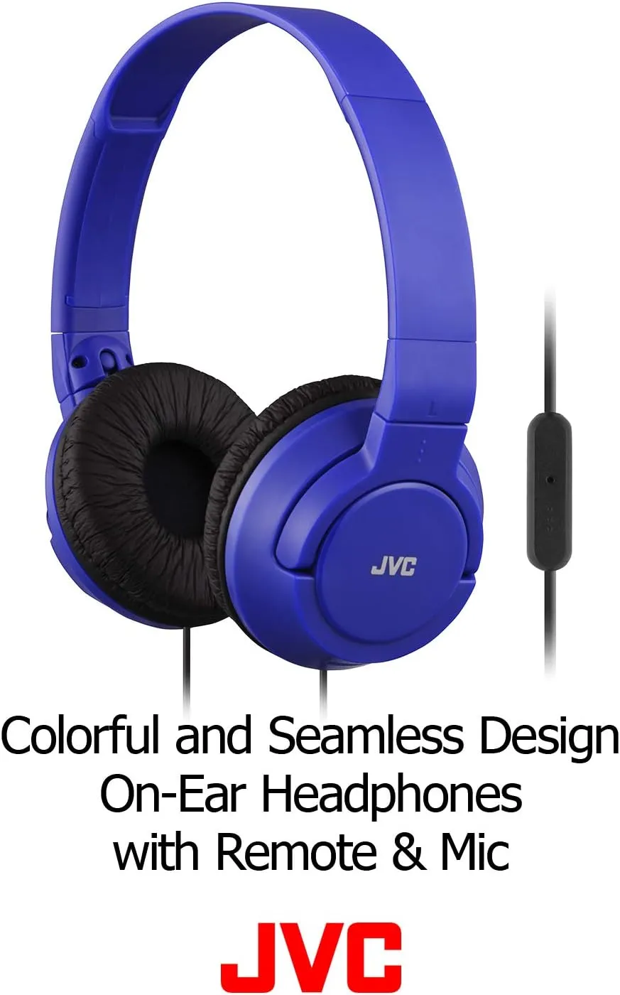 JVC Lightweight Flat Foldable On Ear Colorful Lightweight Foldable Headband with Mic, Blue (HASR185A)