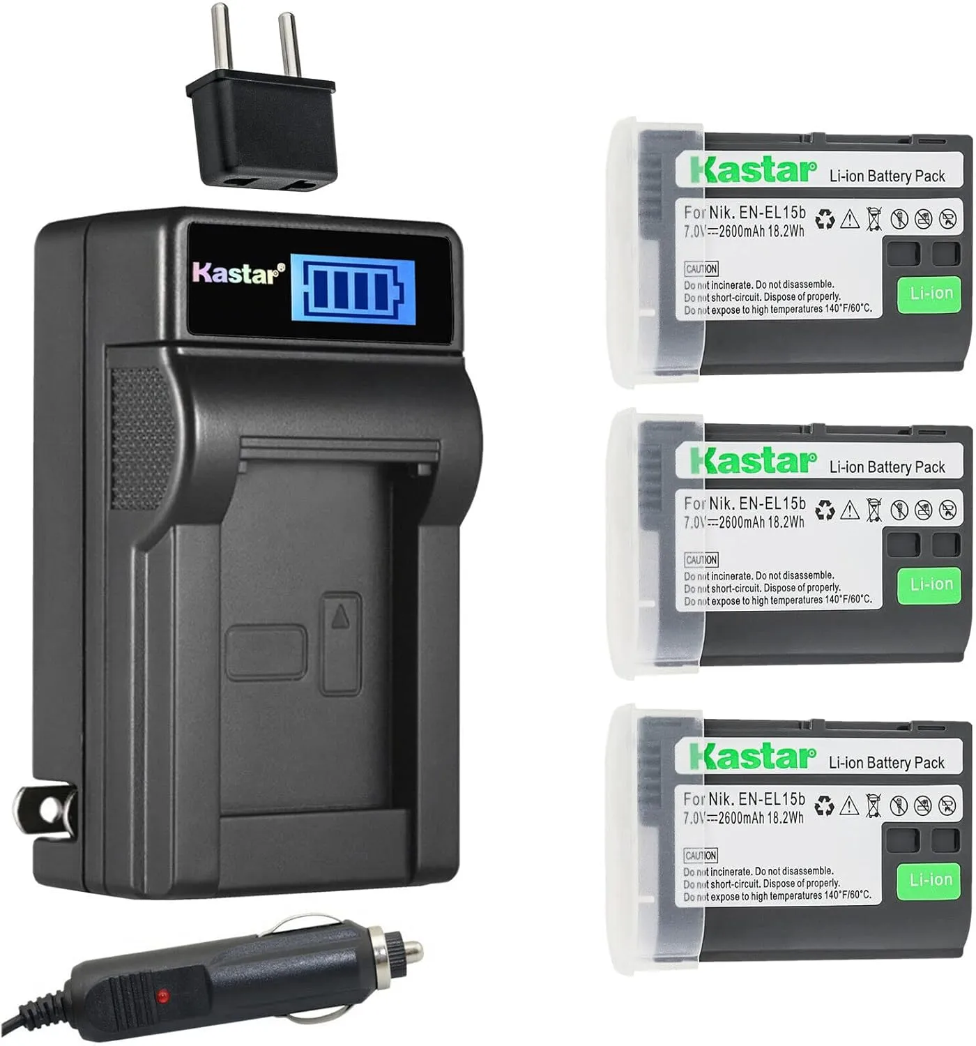 Kastar 3-Pack EN-EL15b Battery and LCD AC Charger Compatible with Nikon D7000, D7100, D7200, D7500 Digital Camera, Nikon MB-D11, MB-D12, MB-D14, MB-D15, MB-D16, MB-D18 Battery Grip