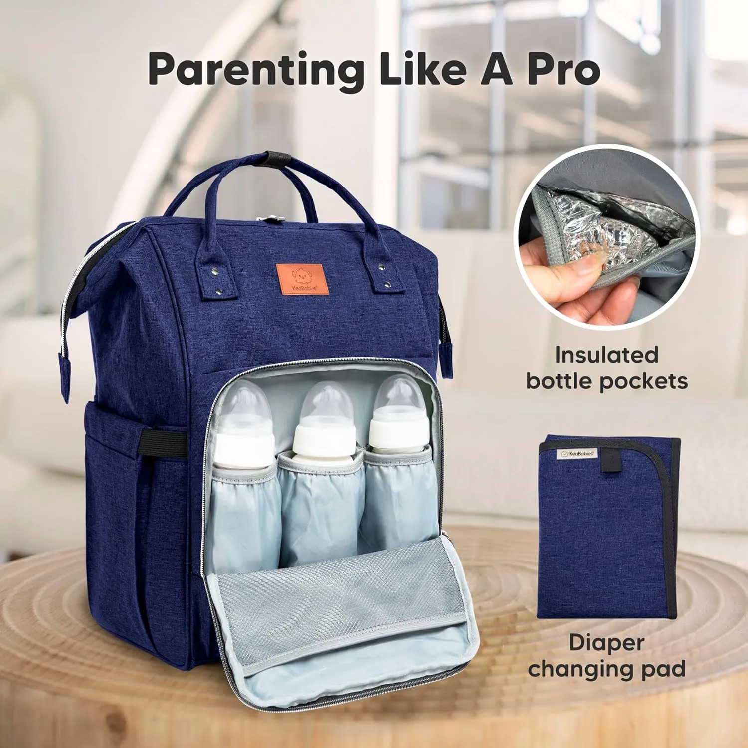 KeaBabies Baby Diaper Bag Backpack - Large Baby Bag for Boys, Girls, Waterproof Multi Function Travel Diaper Backpack with Changing Pad, Durable Travel Essentials for Moms and Dads (Marine Blue)