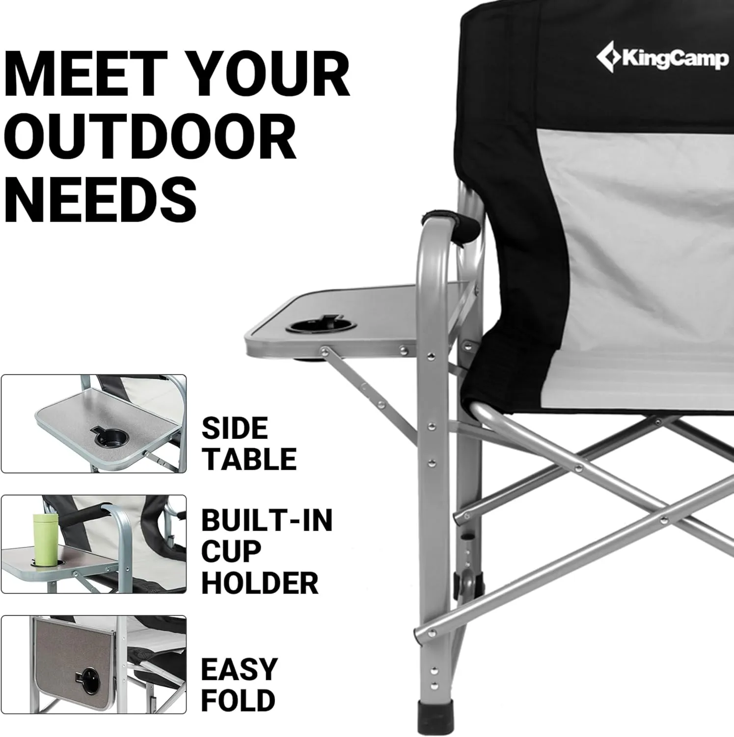 KingCamp Directors Chair with Side Table, Portable Folding Camping Chairs 300lbs Heavy Duty Seat with Pocket, Breathable Mesh Back & Compact Design for Camping Hiking Backpacking Fishing