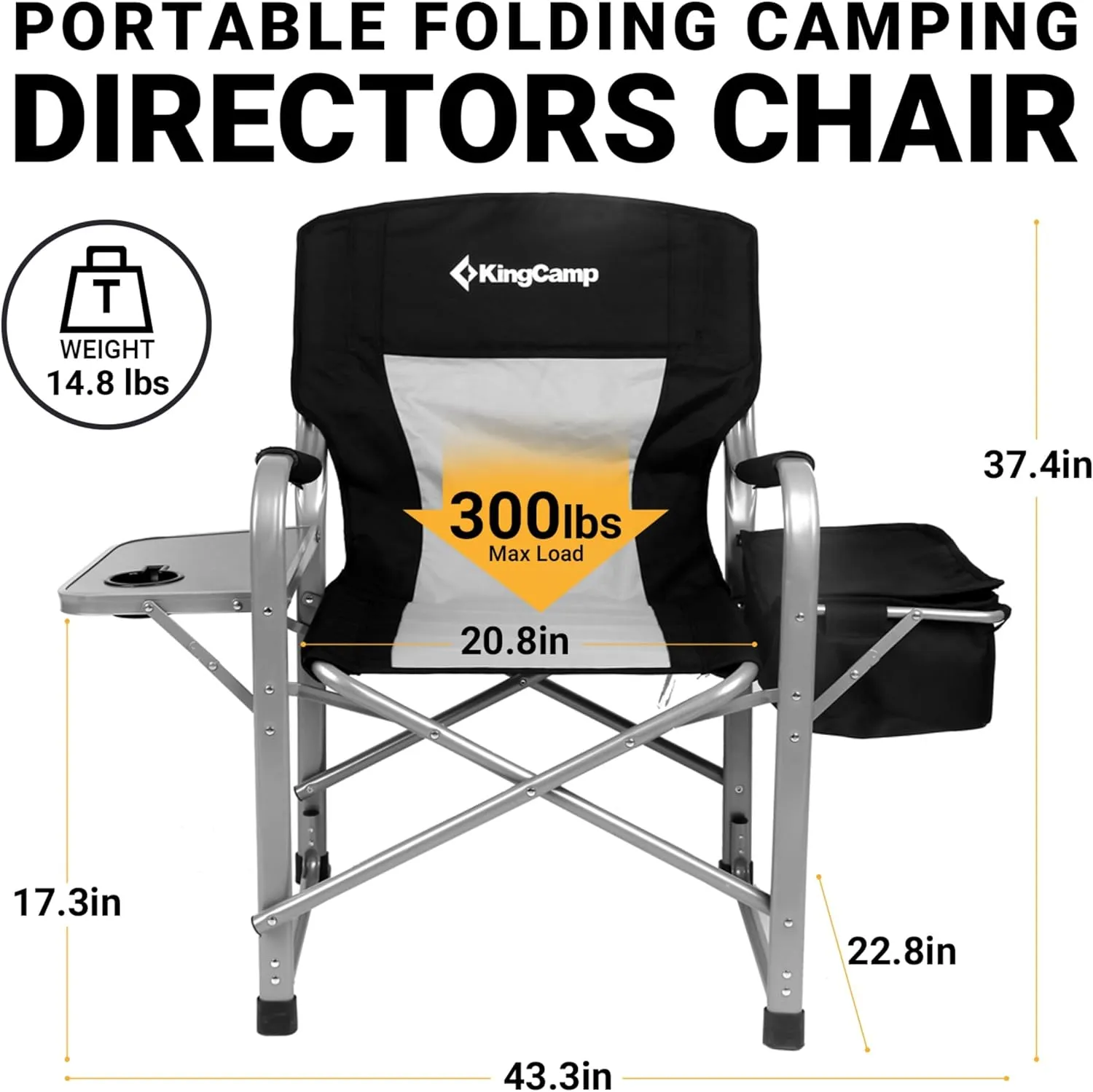 KingCamp Directors Chair with Side Table, Portable Folding Camping Chairs 300lbs Heavy Duty Seat with Pocket, Breathable Mesh Back & Compact Design for Camping Hiking Backpacking Fishing