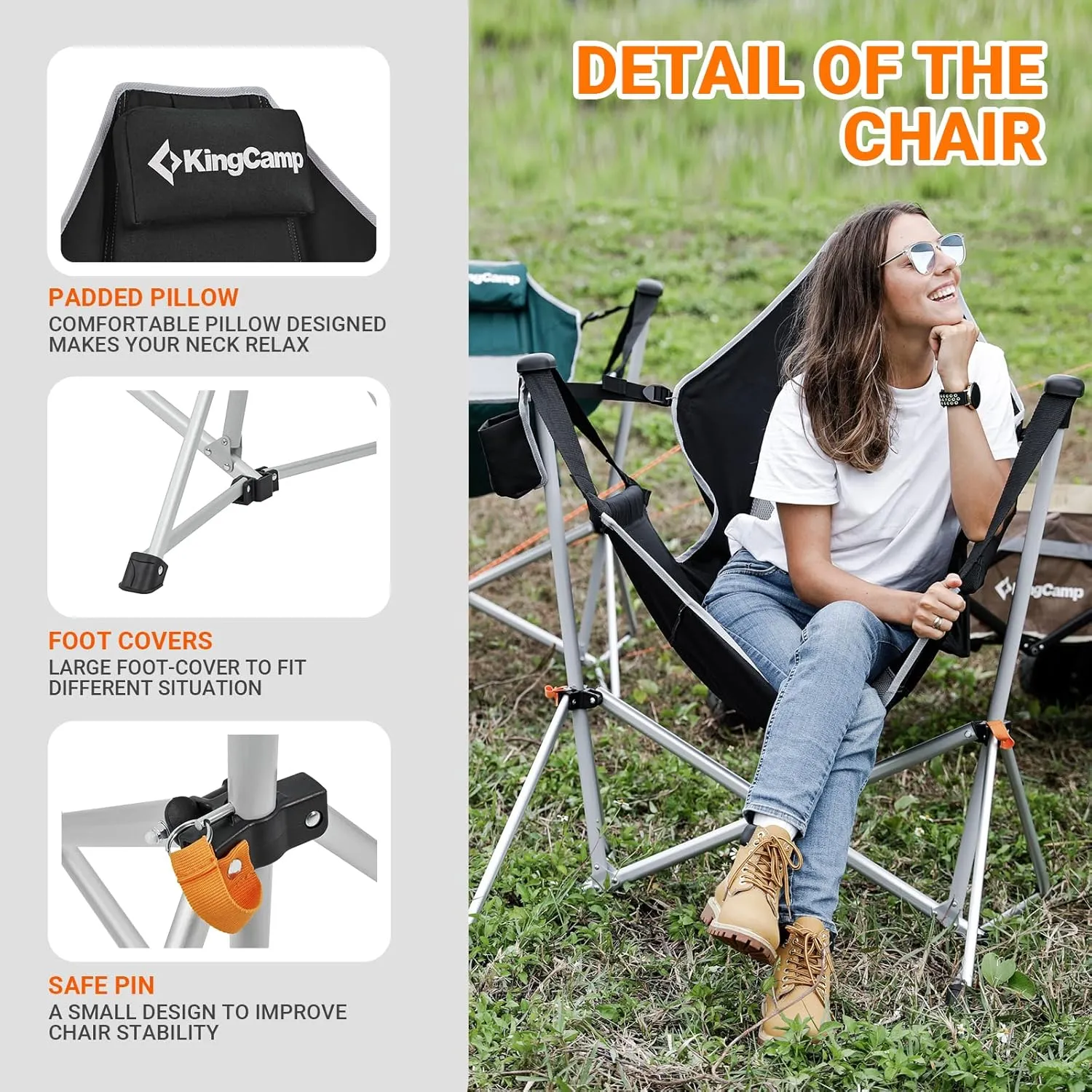 KingCamp Hammock Chair with Footrest, Swinging Portable Folding Camping Chairs for Adults 400lbs Heavy Duty Foldable Oversized Rocker with Cup Holder Pillow for Outdoor Beach Patio Sport Lawn