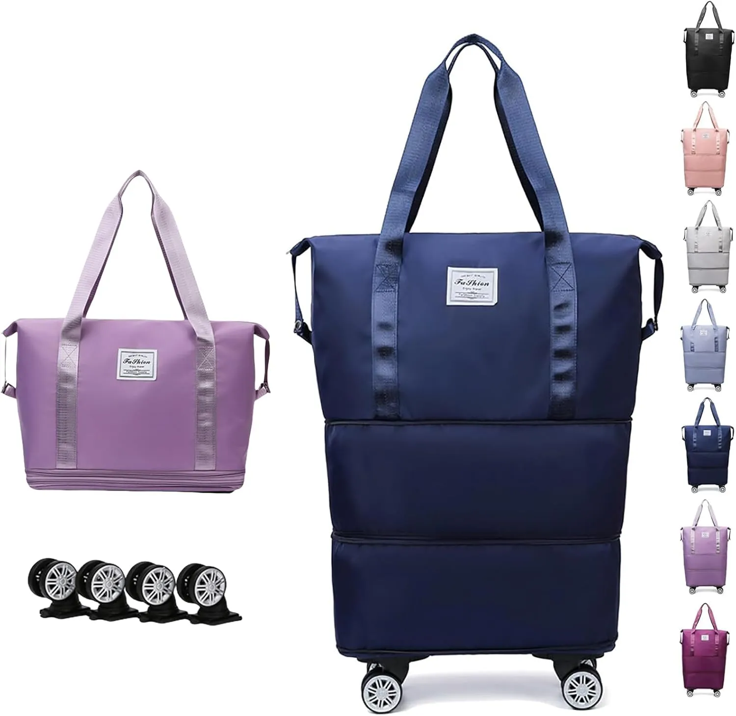 Klarson Expandable Bag with Wheels, Expandable Bag with Wheels, Expandable Rolling Duffel Bag, Foldable Suitcase without Handle (Dark blue)