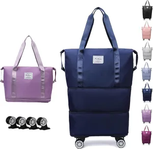 Klarson Expandable Bag with Wheels, Expandable Bag with Wheels, Expandable Rolling Duffel Bag, Foldable Suitcase without Handle (Dark blue)