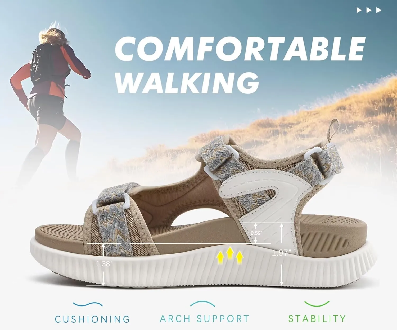 KuaiLu Womens Orthopedic Walking Sandals Recovery Sport Outdoor Hiking Water Sandles Thick Athletic Cushion Adjustable Strap Sandals with Comfortable Plantar Fasciitis Arch Support