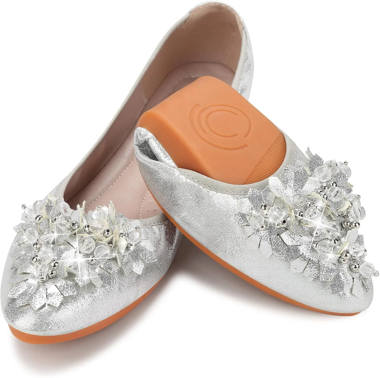 KUNWFNIX Women Ballet Flats Rhinestone Wedding Ballerina Shoes Foldable Sparkly Comfort Slip on Flat Shoes