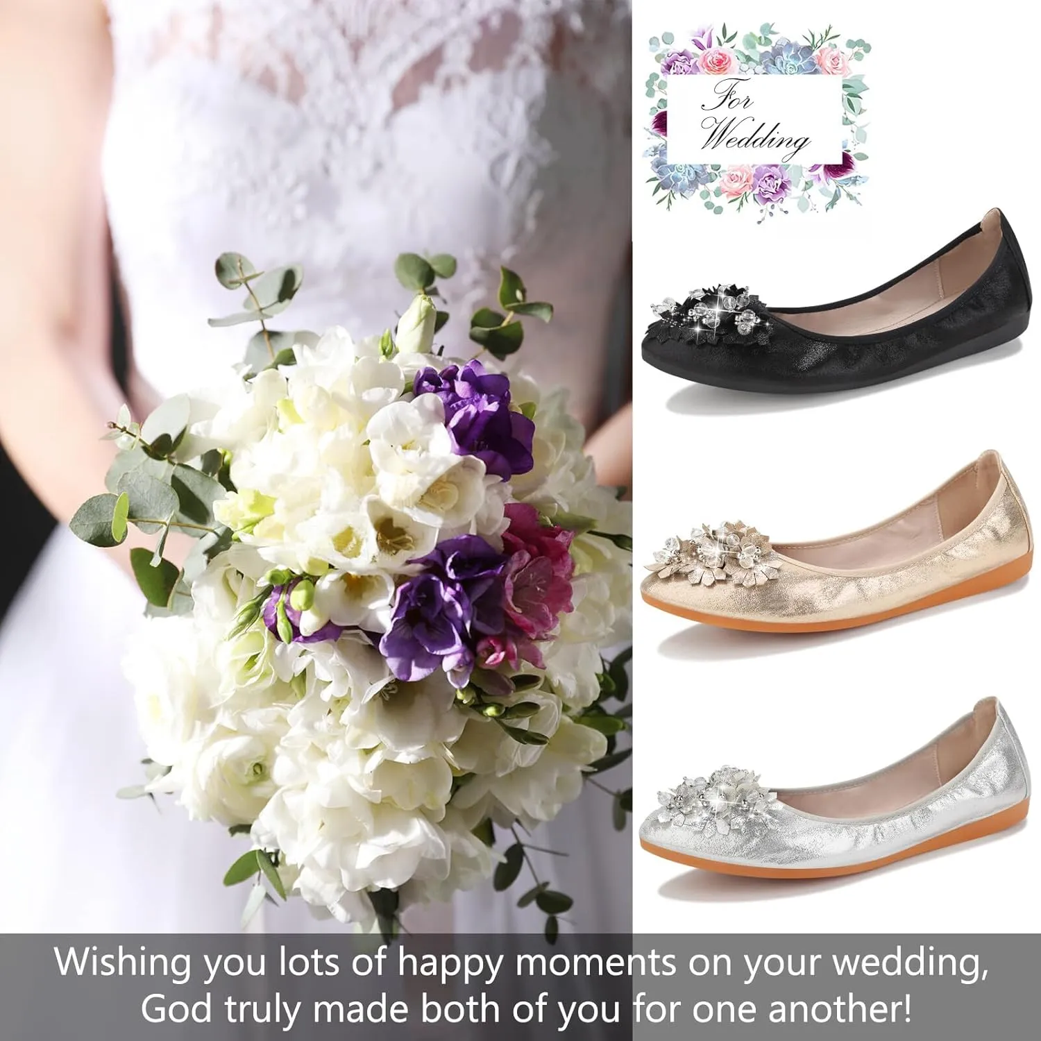 KUNWFNIX Women Ballet Flats Rhinestone Wedding Ballerina Shoes Foldable Sparkly Comfort Slip on Flat Shoes