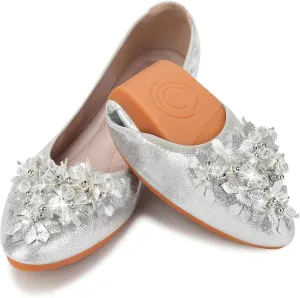 KUNWFNIX Women Ballet Flats Rhinestone Wedding Ballerina Shoes Foldable Sparkly Comfort Slip on Flat Shoes