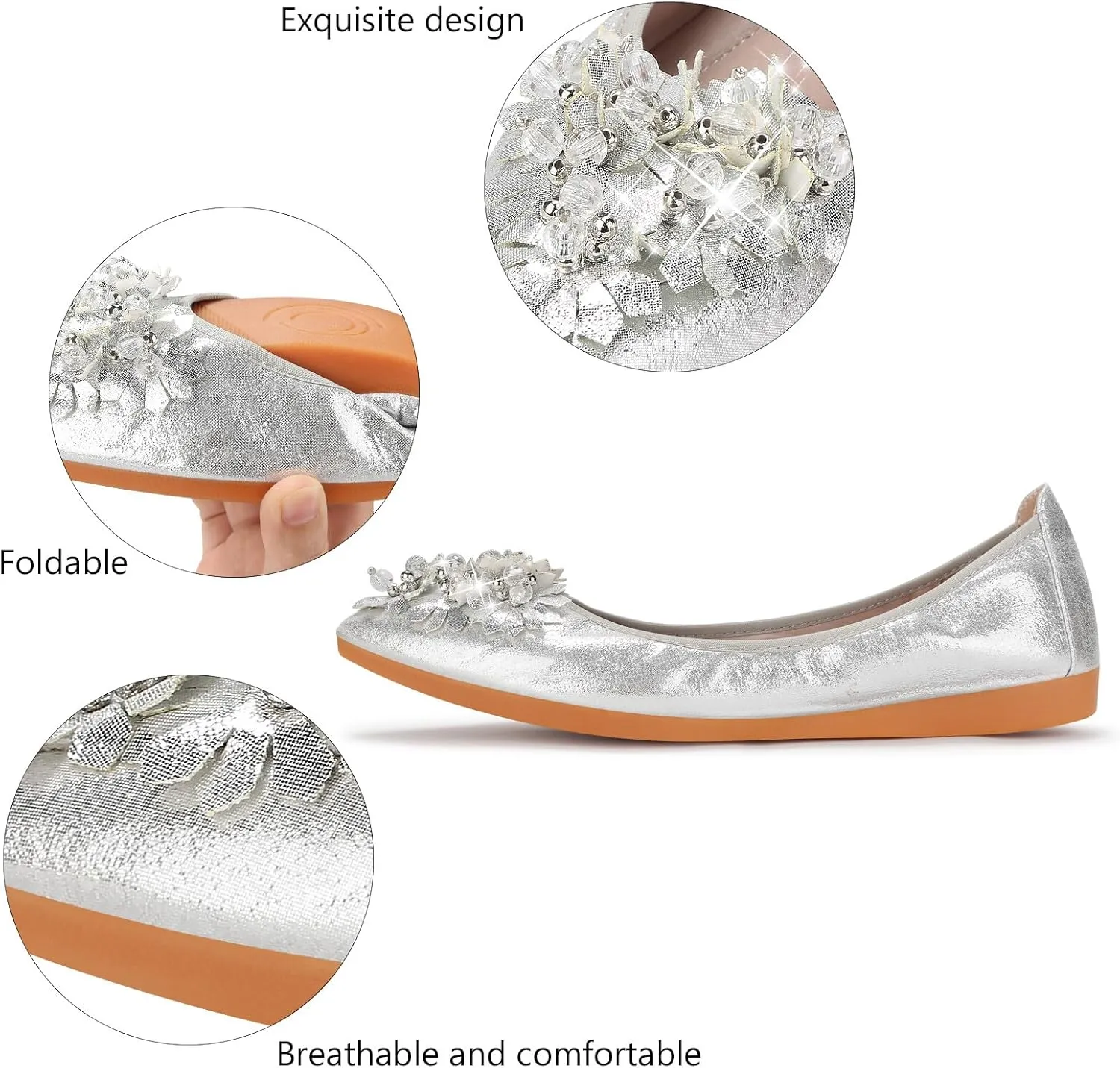 KUNWFNIX Women Ballet Flats Rhinestone Wedding Ballerina Shoes Foldable Sparkly Comfort Slip on Flat Shoes