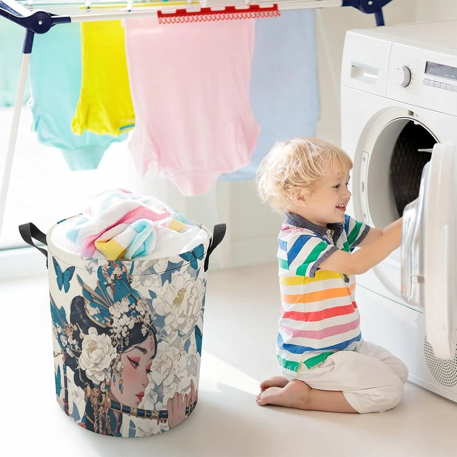 Laundry Hampers, Large Drawstring Laundry Bag, Removable Laundry Bags, Collapsible Storage Bin with Handles for Home Organization, Kids Room, Nursery Art