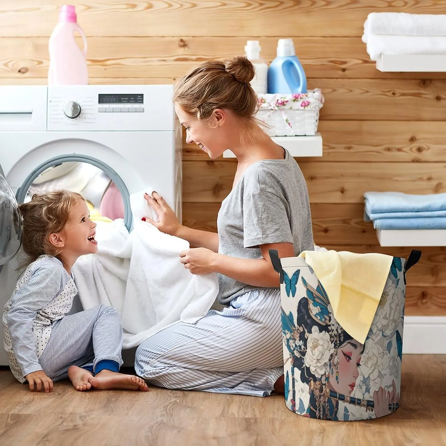 Laundry Hampers, Large Drawstring Laundry Bag, Removable Laundry Bags, Collapsible Storage Bin with Handles for Home Organization, Kids Room, Nursery Art