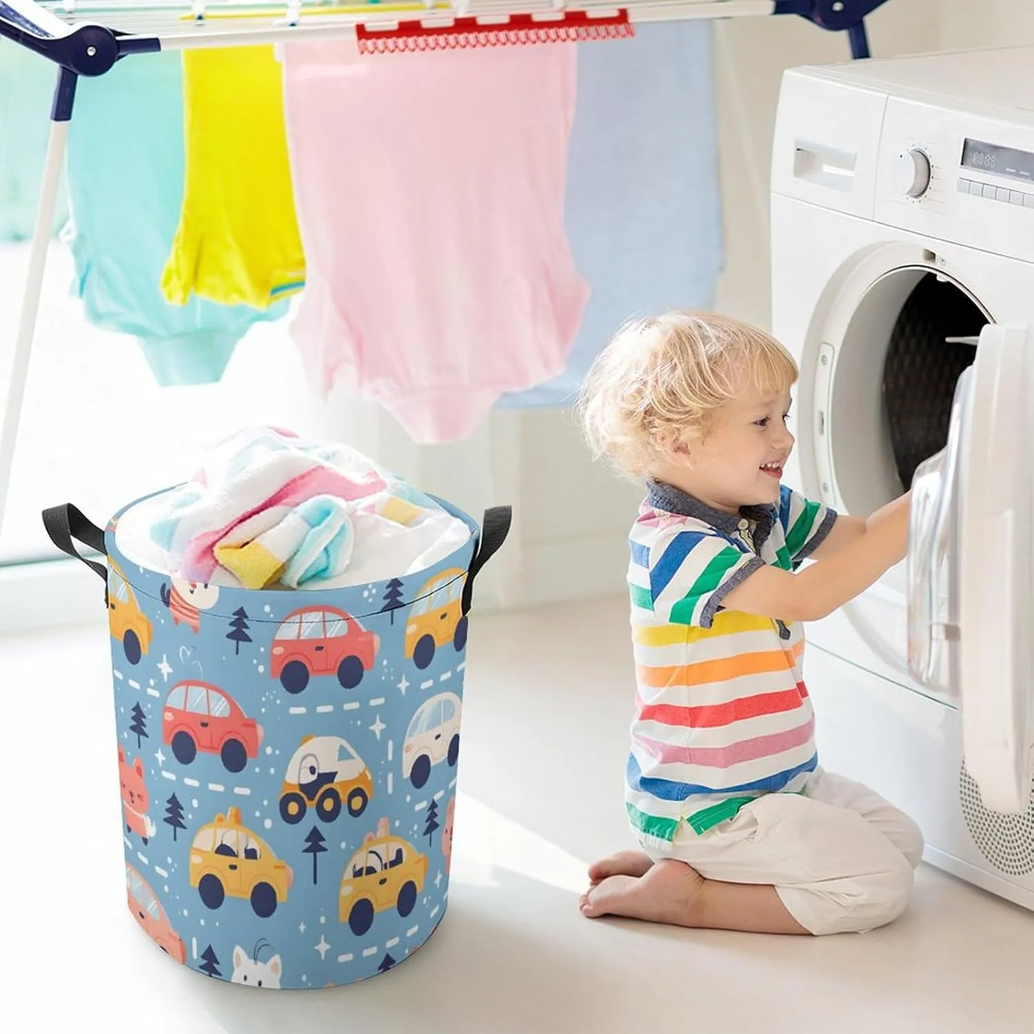 Laundry Hampers, Large Drawstring Laundry Bag, Removable Laundry Bags, Collapsible Storage Bin with Handles for Home Organization, Kids Room, Nursery Blue