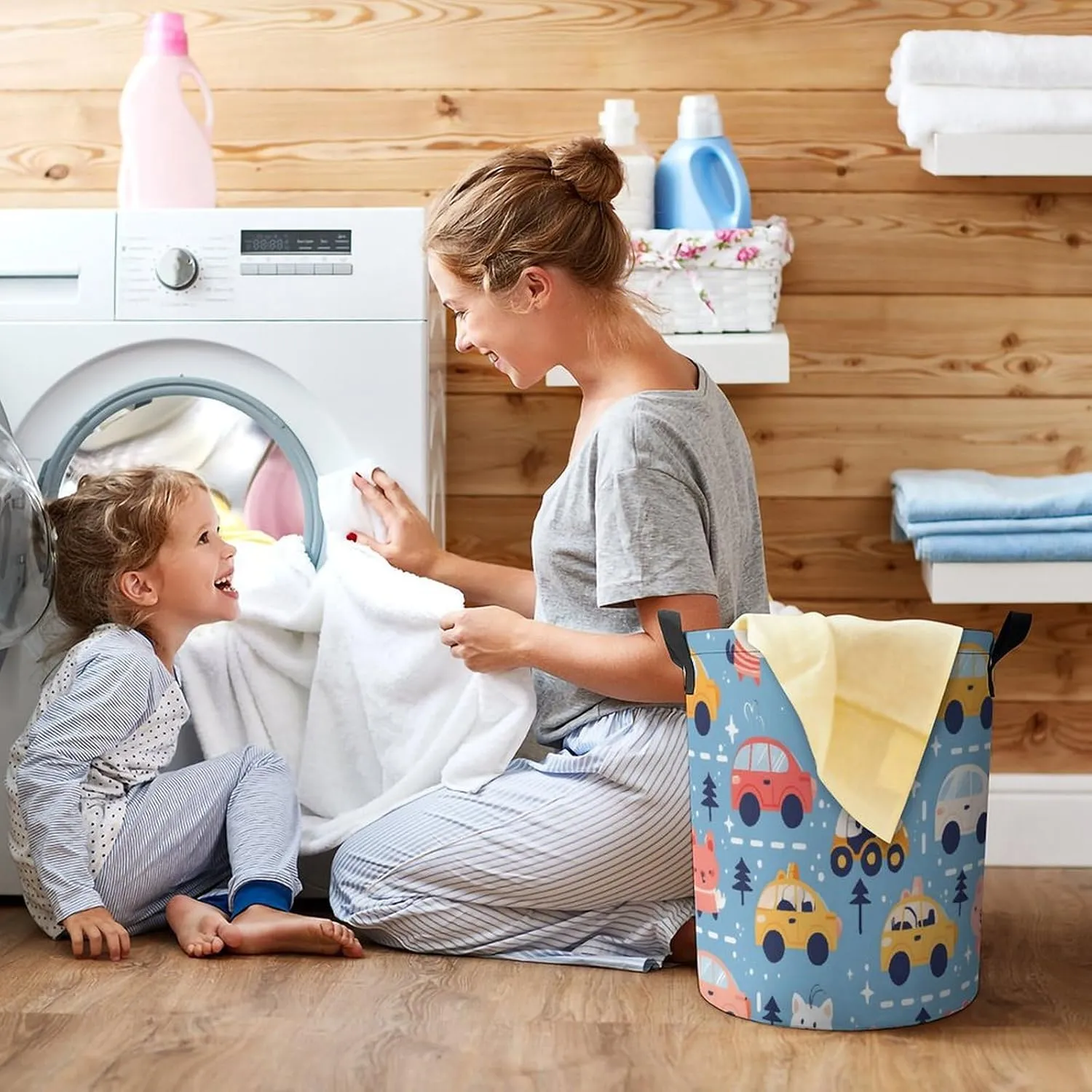 Laundry Hampers, Large Drawstring Laundry Bag, Removable Laundry Bags, Collapsible Storage Bin with Handles for Home Organization, Kids Room, Nursery Blue