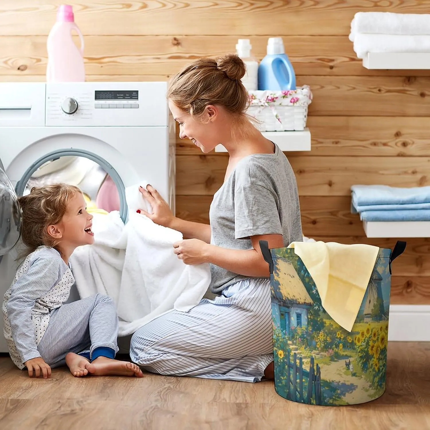 Laundry Hampers, Large Drawstring Laundry Bag, Removable Laundry Bags, Collapsible Storage Bin with Handles for Home Organization, Kids Room, Nursery Cloud