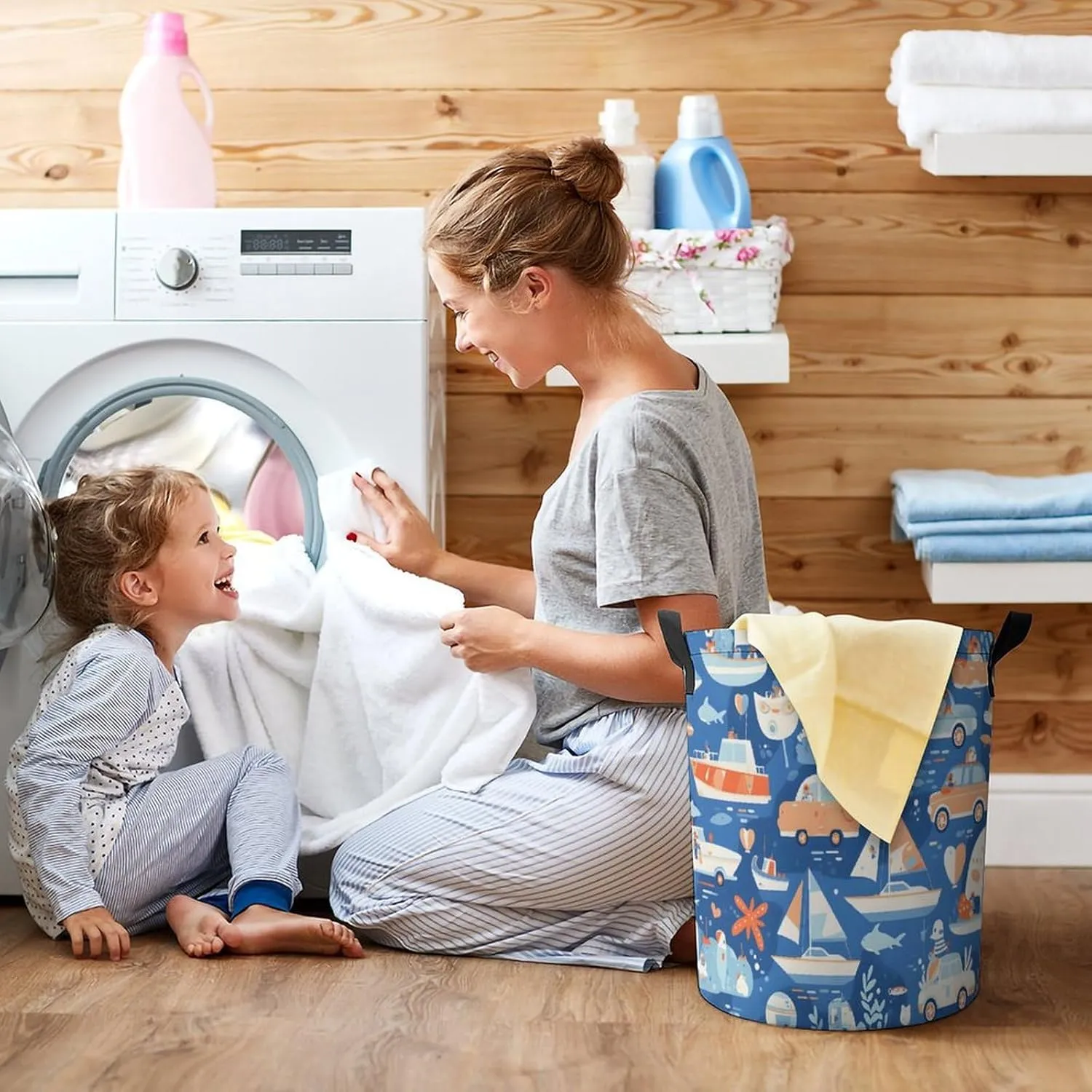Laundry Hampers, Large Drawstring Laundry Bag, Removable Laundry Bags, Collapsible Storage Bin with Handles for Home Organization, Kids Room, Nursery Electric Blue